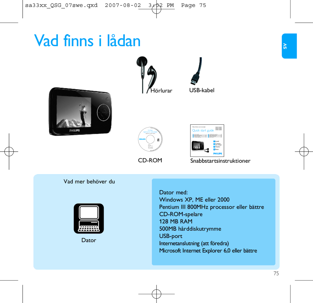 Philips SA3314, SA3385, SA3384, SA3345, SA3325, SA3324, SA3344, SA3315 manual Vad finns i lådan, Cd-Rom 