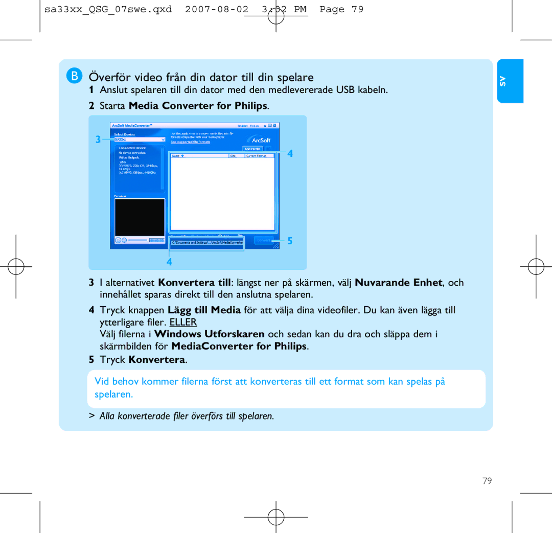 Philips SA3384, SA3385, SA3345, SA3325 Överför video från din dator till din spelare, Starta Media Converter for Philips 