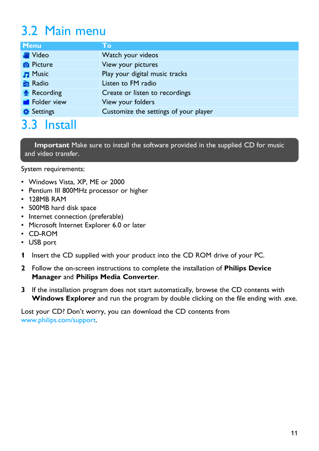 Philips SA3325, SA3385, SA3384, SA3345, SA3324, SA3314, SA3344, SA3315 manual Main menu, Install 