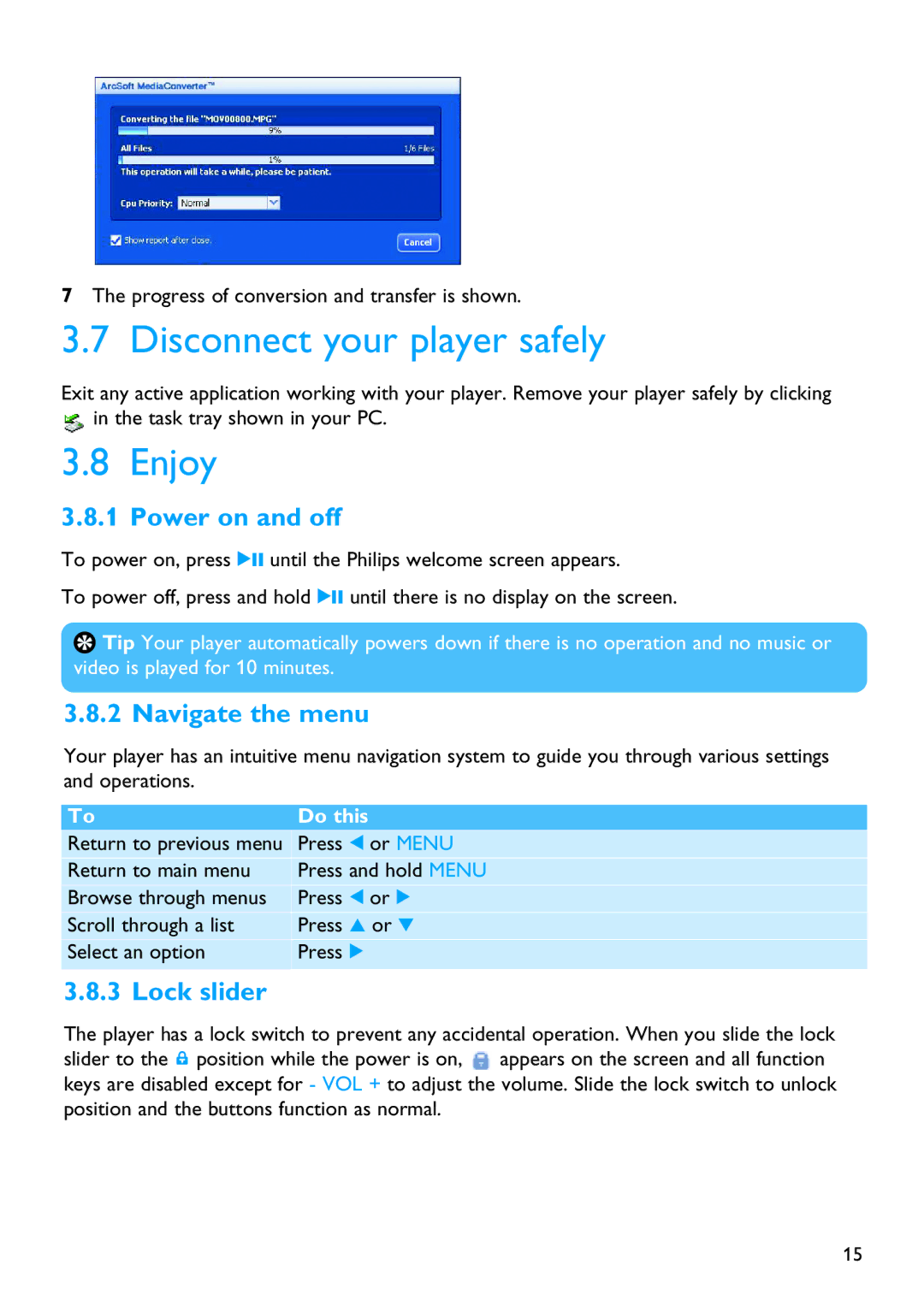 Philips SA3315, SA3385, SA3384 manual Disconnect your player safely, Enjoy, Power on and off, Navigate the menu, Lock slider 