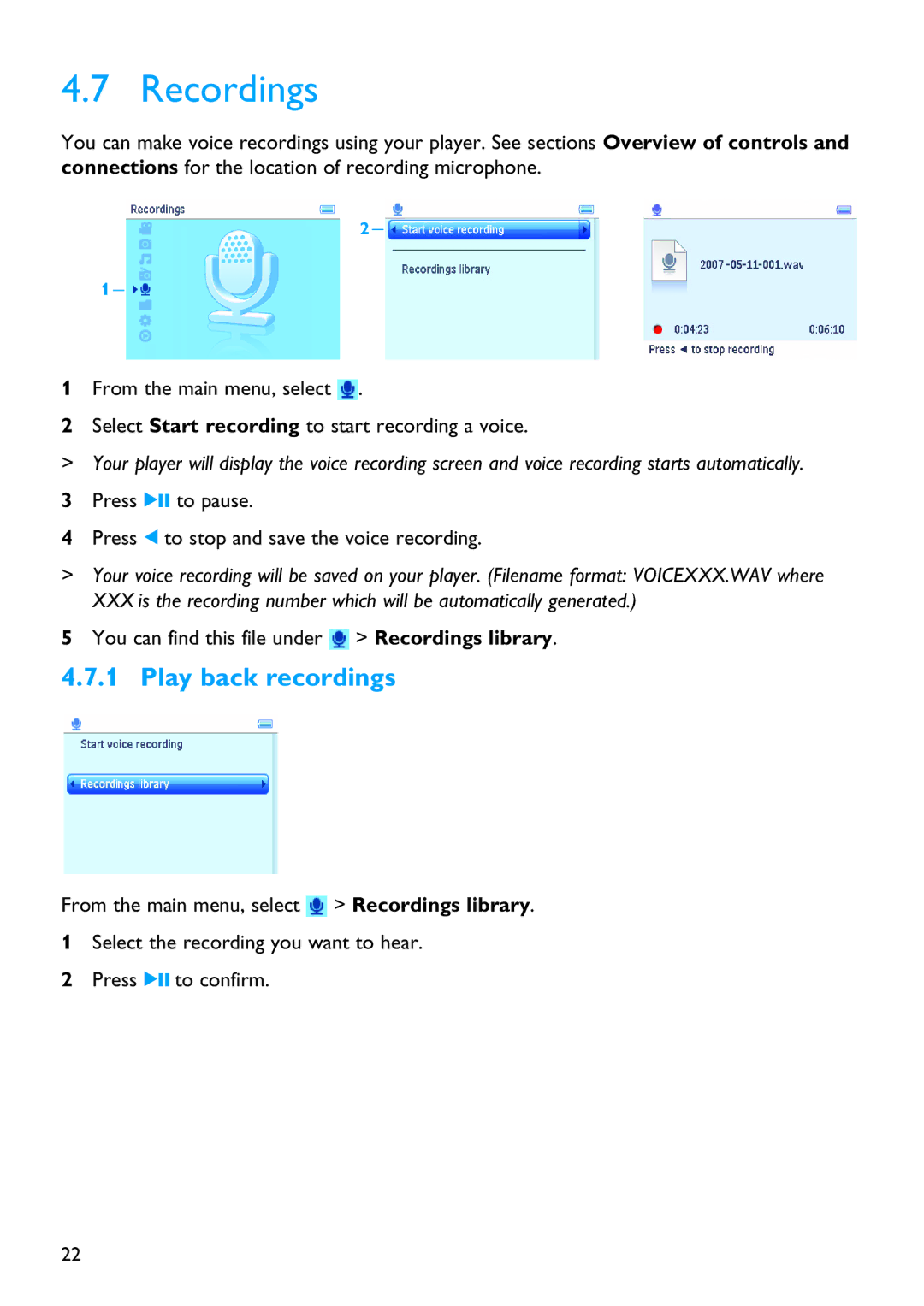 Philips SA3344, SA3385, SA3384, SA3345, SA3325, SA3324, SA3314, SA3315 manual Recordings, Play back recordings 