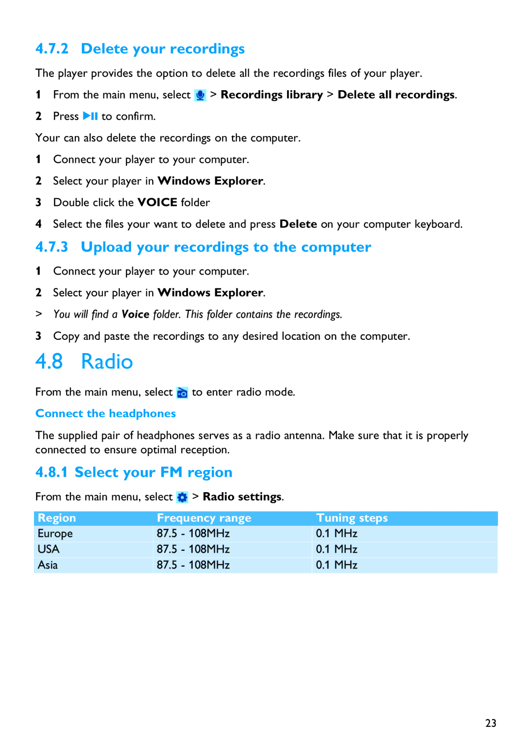 Philips SA3315, SA3385, SA3384 Radio, Delete your recordings, Upload your recordings to the computer, Select your FM region 