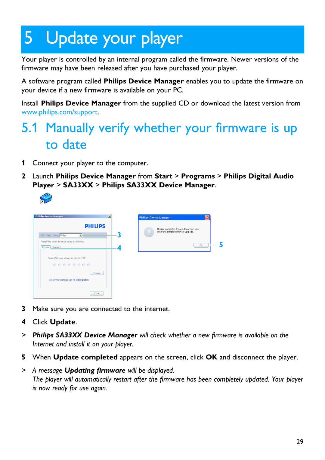 Philips SA3314, SA3385, SA3384, SA3345, SA3325, SA3324 Update your player, Manually verify whether your firmware is up to date 