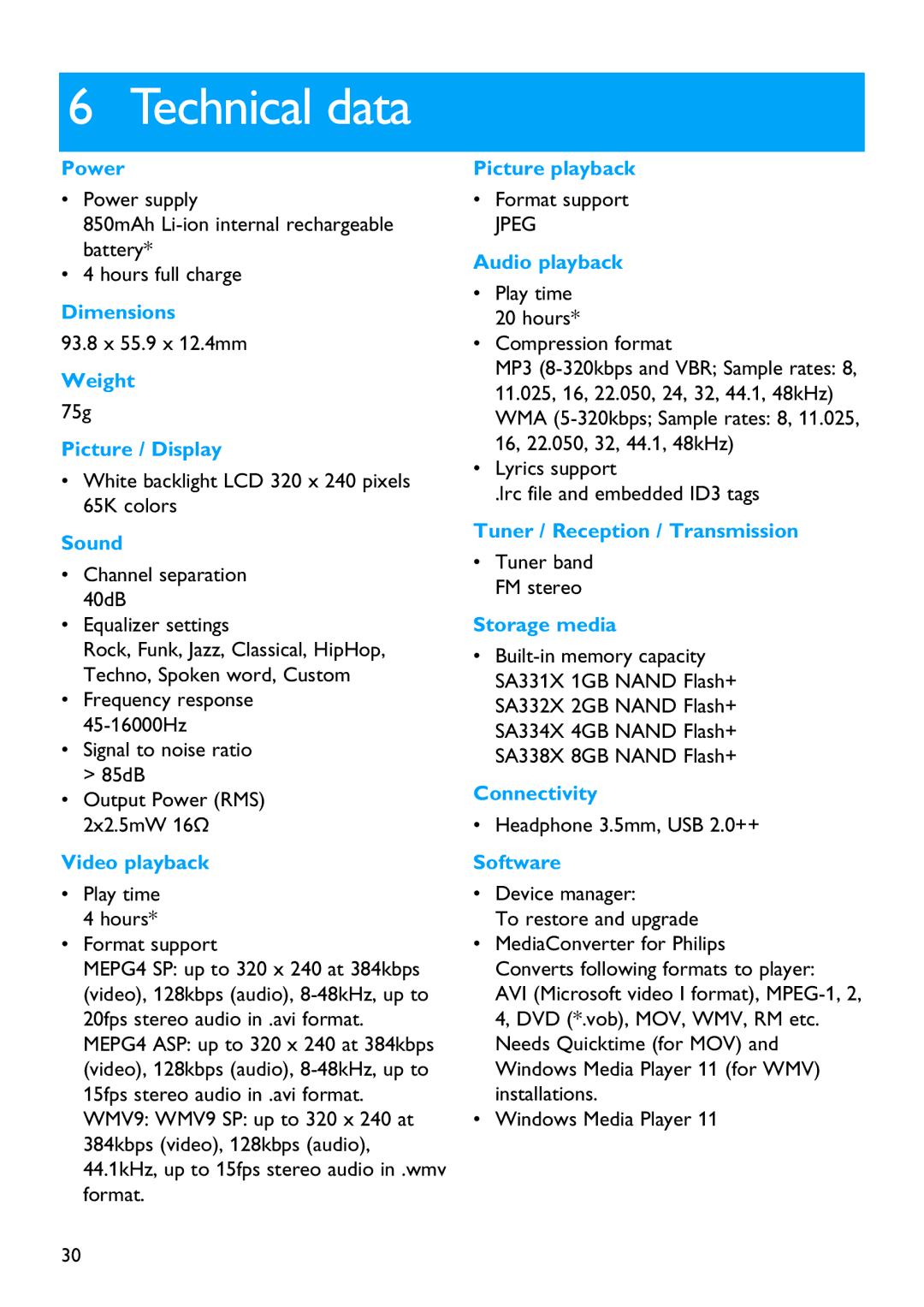 Philips SA3344, SA3385, SA3384, SA3345, SA3325, SA3324, SA3314, SA3315 manual Technical data 