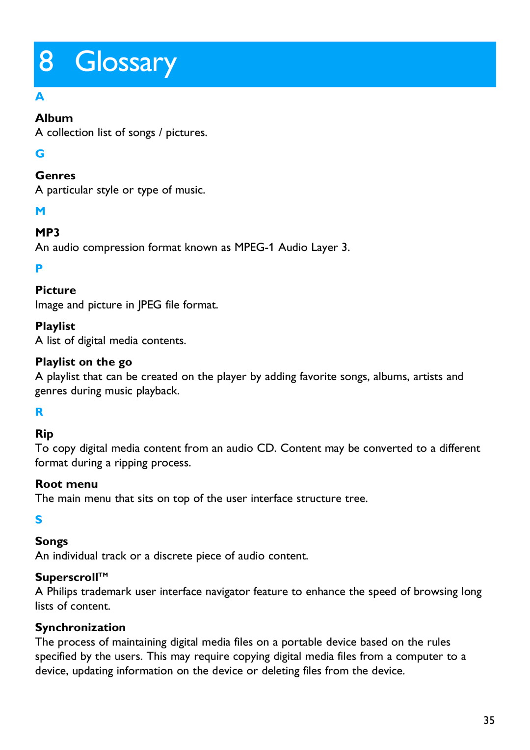 Philips SA3325, SA3385, SA3384, SA3345, SA3324, SA3314, SA3344, SA3315 manual Glossary, MP3 