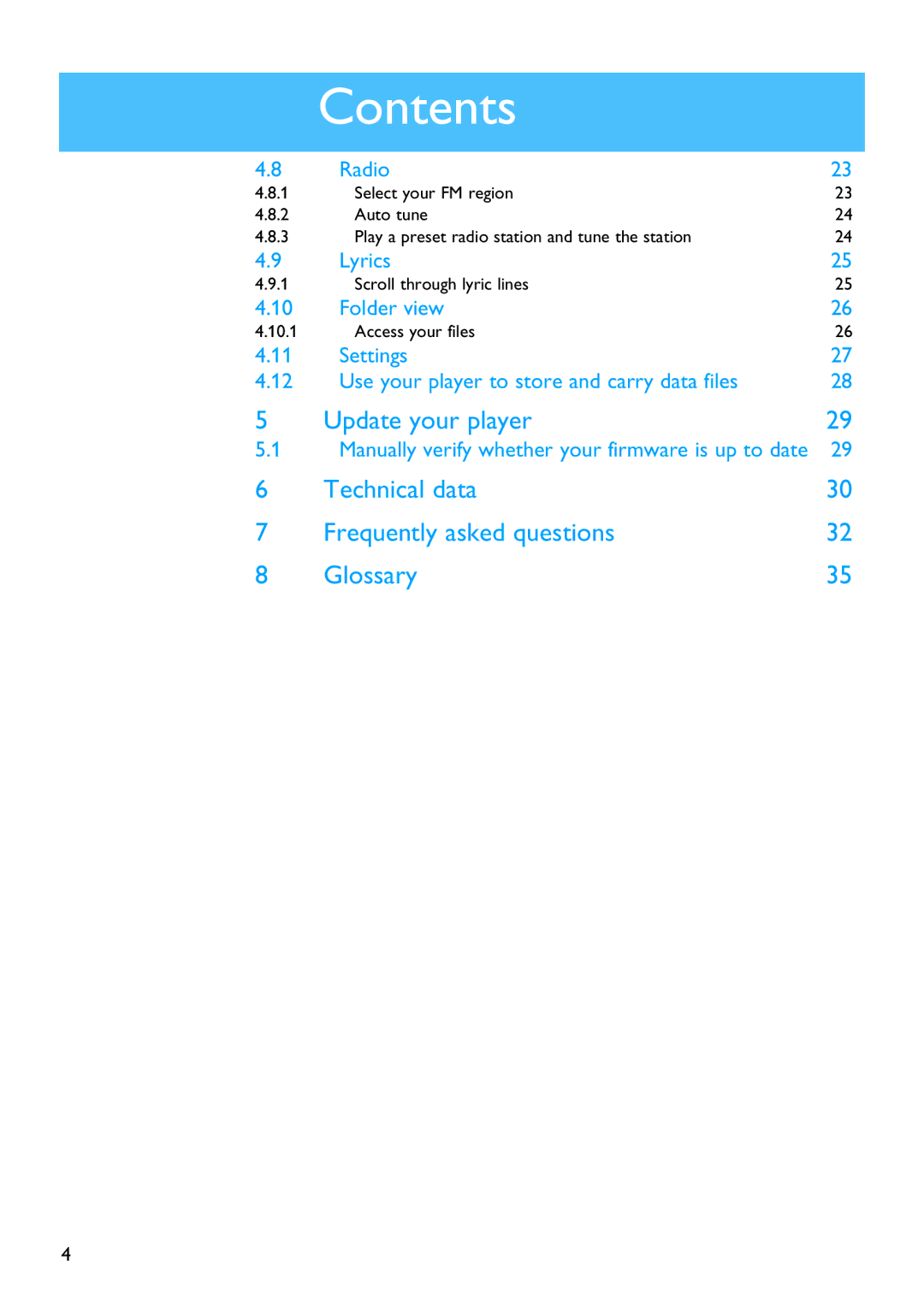 Philips SA3324, SA3385, SA3384, SA3345, SA3325, SA3314, SA3344, SA3315 manual Update your player 