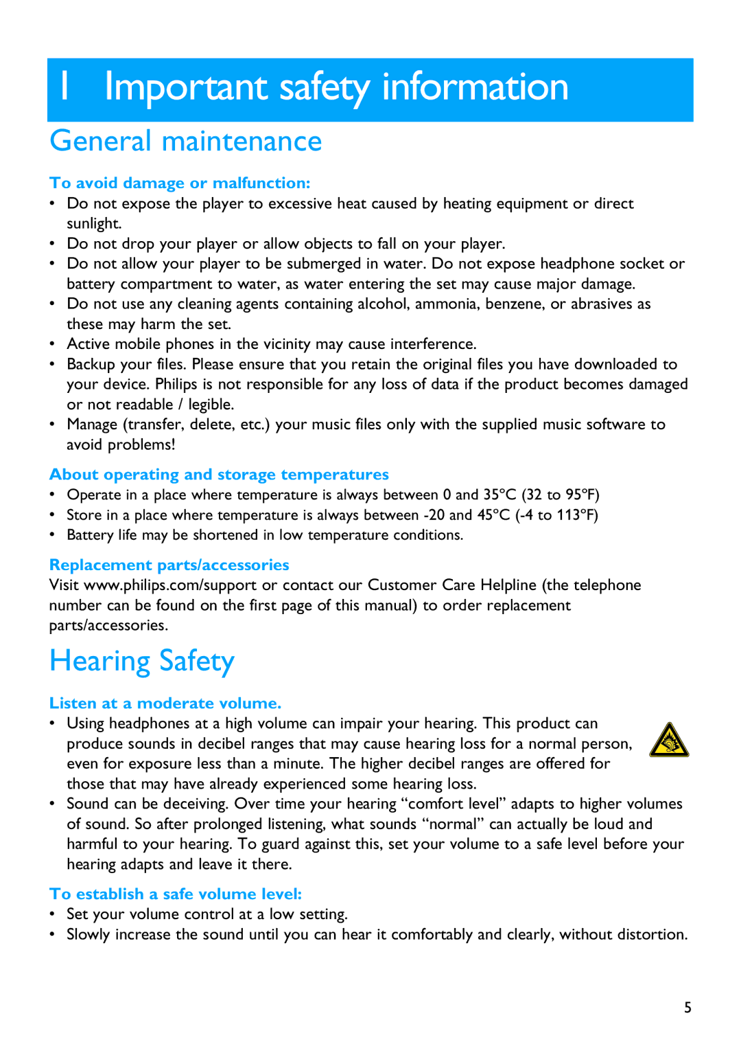 Philips SA3314, SA3385, SA3384, SA3345, SA3325, SA3324 manual Important safety information, General maintenance, Hearing Safety 