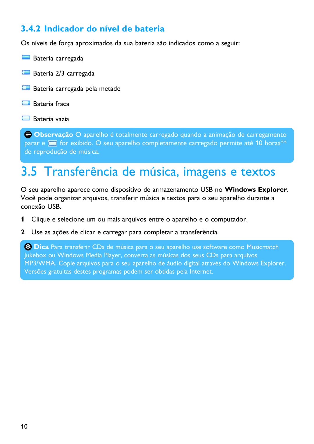 Philips SA3324, SA3385, SA3384, SA3345, SA3325 manual Transferência de música, imagens e textos, Indicador do nível de bateria 