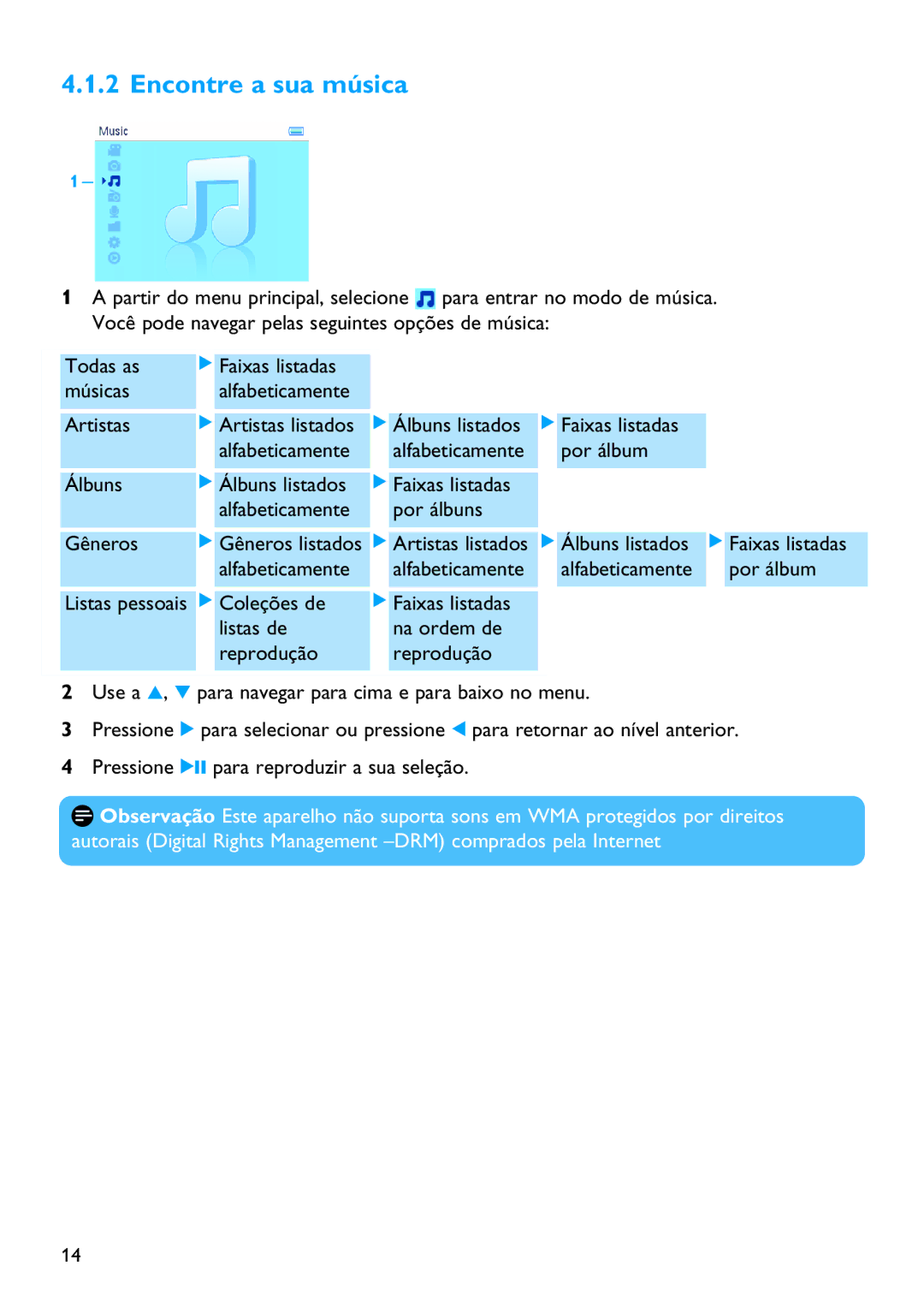 Philips SA3385, SA3384, SA3345, SA3325, SA3324, SA3314, SA3344, SA3315 manual Encontre a sua música 