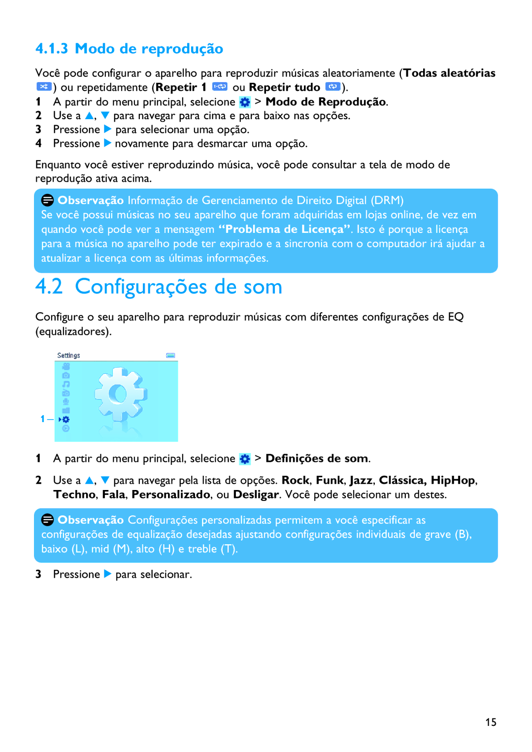 Philips SA3384, SA3385, SA3345, SA3325, SA3324, SA3314, SA3344, SA3315 manual Configurações de som, Modo de reprodução 