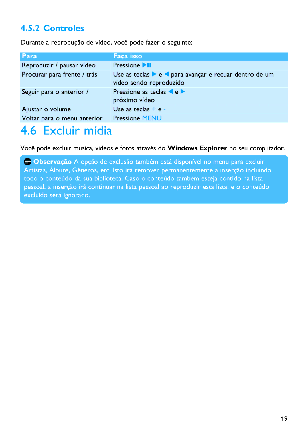 Philips SA3314, SA3385, SA3384, SA3345, SA3325, SA3324, SA3344, SA3315 manual Excluir mídia, Controles 