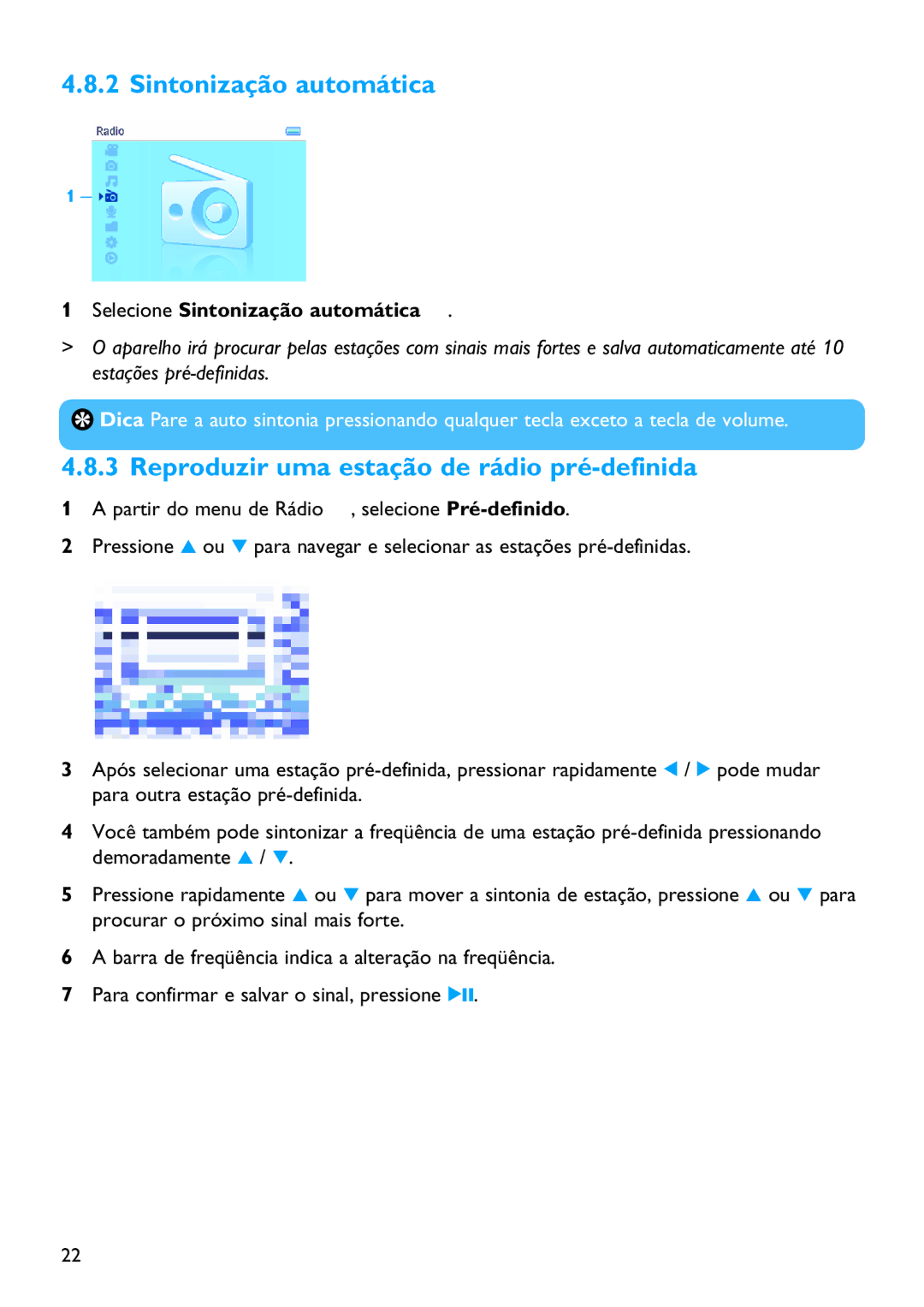 Philips SA3385, SA3384, SA3345, SA3325, SA3324, SA3314 Sintonização automática, Reproduzir uma estação de rádio pré-definida 