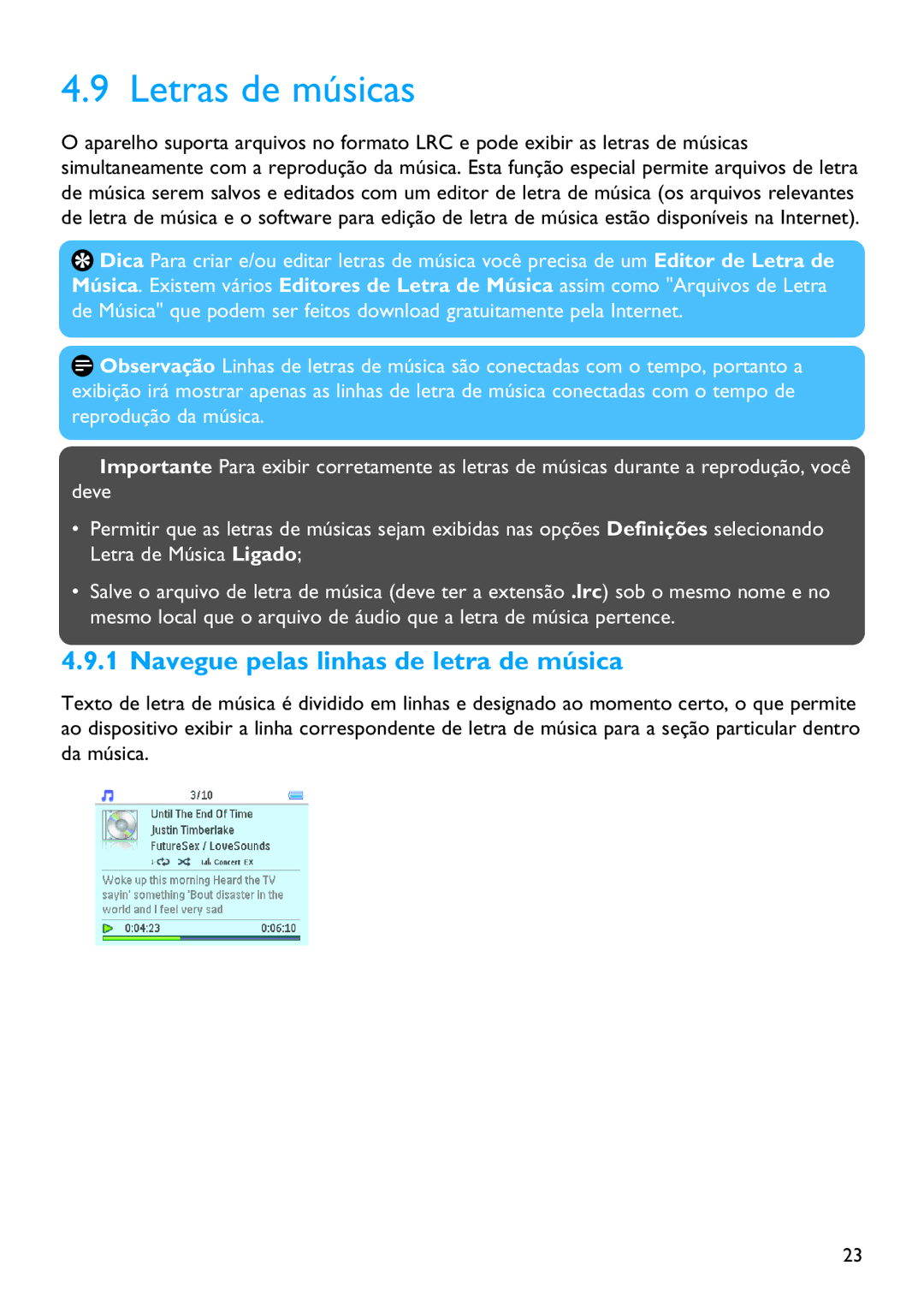 Philips SA3384, SA3385, SA3345, SA3325, SA3324, SA3314, SA3344 manual Letras de músicas, Navegue pelas linhas de letra de música 