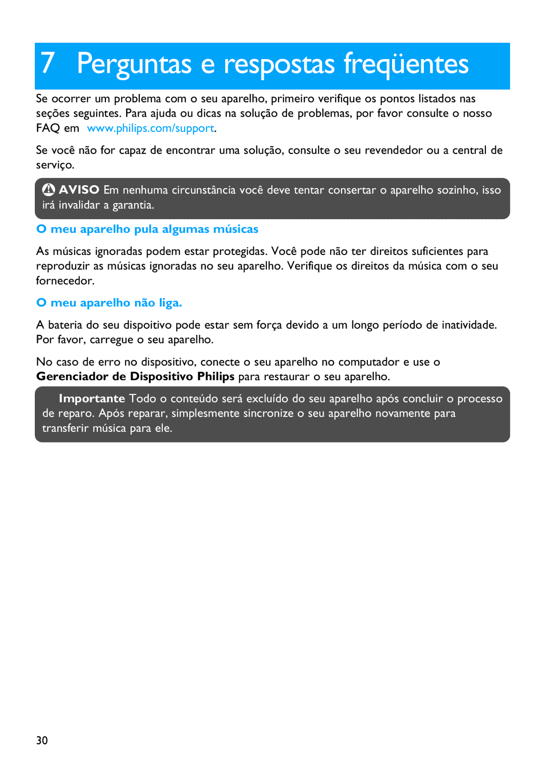 Philips SA3385, SA3384, SA3345 Perguntas e respostas freqüentes, Meu aparelho pula algumas músicas, Meu aparelho não liga 