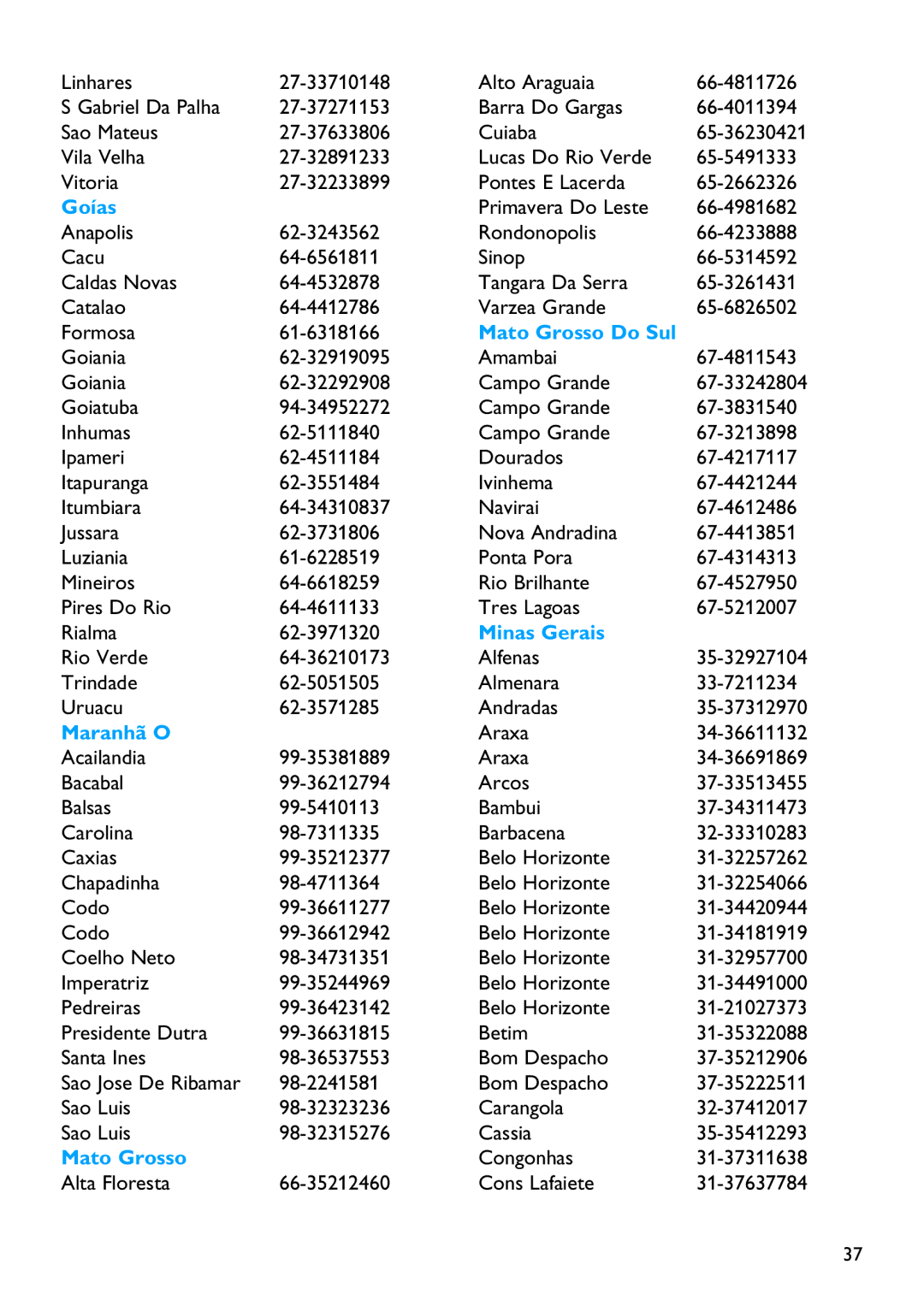 Philips SA3315, SA3385, SA3384, SA3345, SA3325, SA3324, SA3314, SA3344 manual Goías, Mato Grosso Do Sul, Minas Gerais, Maranhã O 