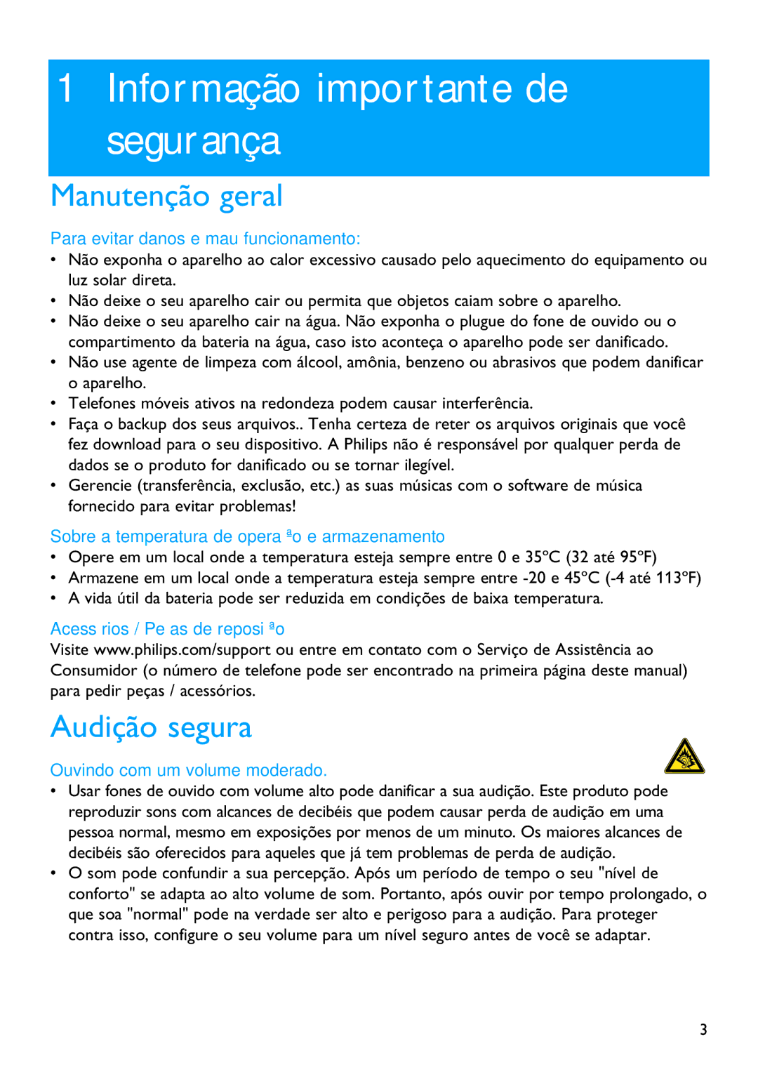 Philips SA3314, SA3385, SA3384, SA3345, SA3325, SA3324 Informação importante de segurança, Manutenção geral, Audição segura 