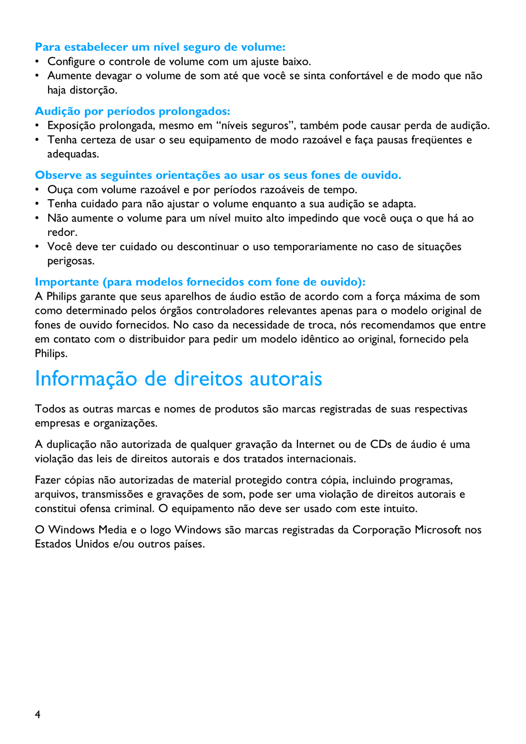 Philips SA3344, SA3385, SA3384, SA3345, SA3325 Informação de direitos autorais, Para estabelecer um nível seguro de volume 