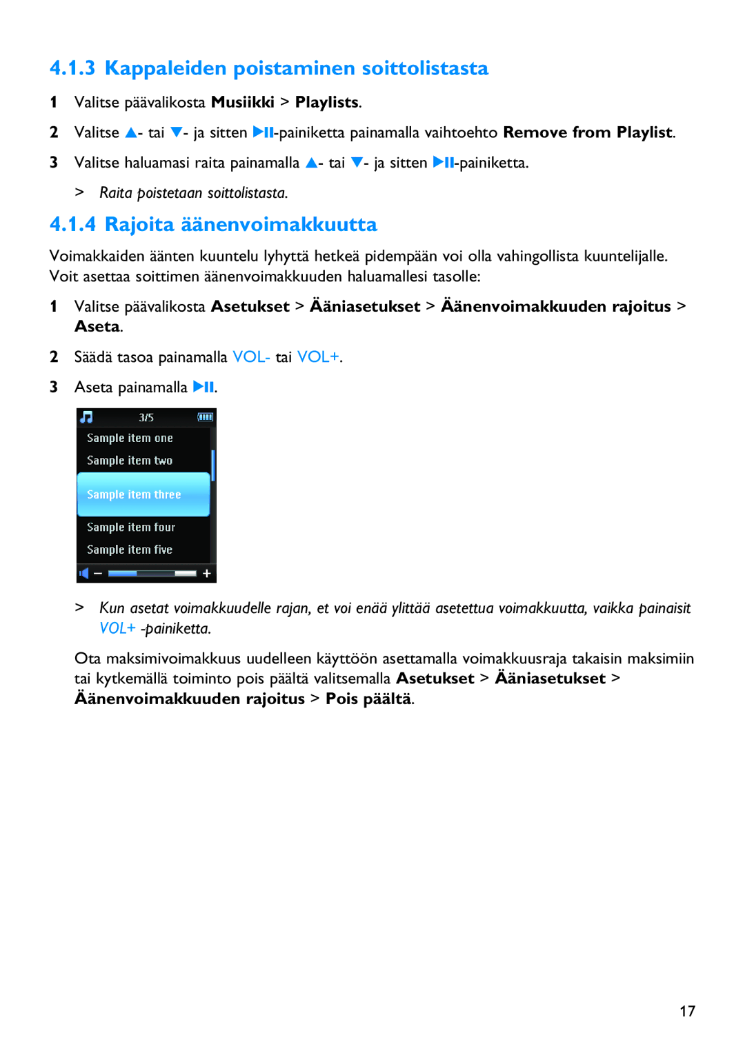 Philips SA3444, SA3414, SA3415, SA3424, SA3426, SA3416 manual Kappaleiden poistaminen soittolistasta, Rajoita äänenvoimakkuutta 