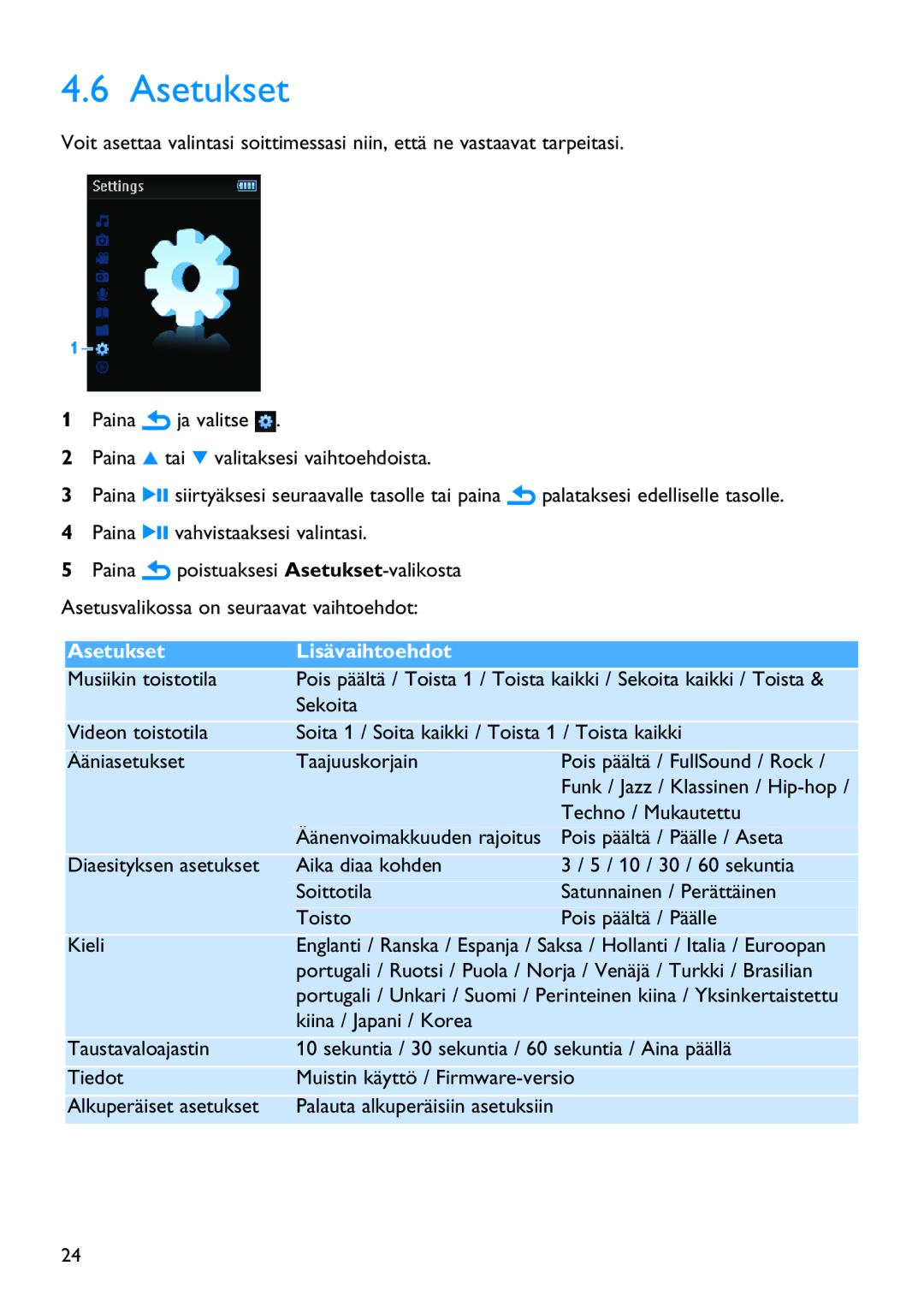 Philips SA3414, SA3415, SA3424, SA3426, SA3416, SA3444 manual Asetukset Lisävaihtoehdot 