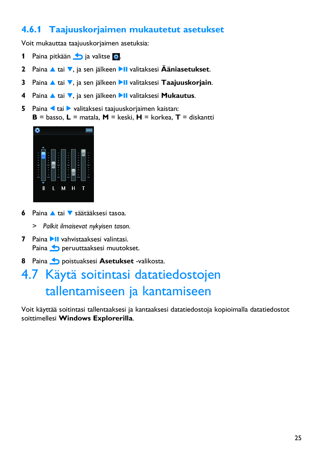 Philips SA3415, SA3414, SA3424, SA3426, SA3416, SA3444 manual Taajuuskorjaimen mukautetut asetukset 