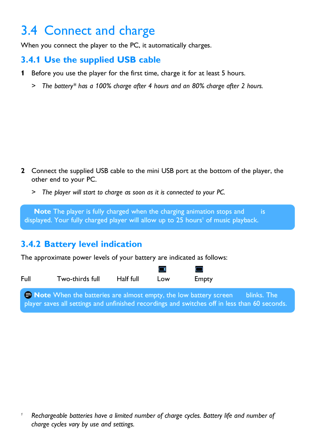 Philips SA3414, SA3415, SA3424, SA3426, SA3416 manual Connect and charge, Use the supplied USB cable, Battery level indication 