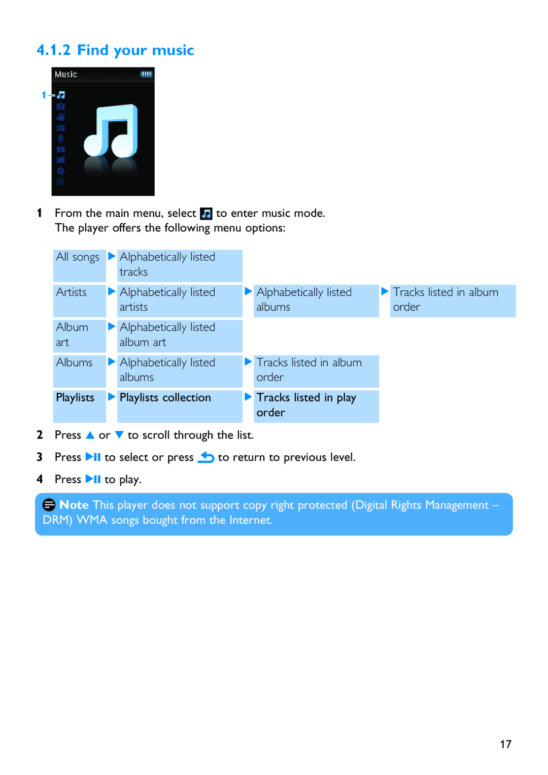 Philips SA3444, SA3414, SA3415, SA3424, SA3426, SA3416 manual Find your music 