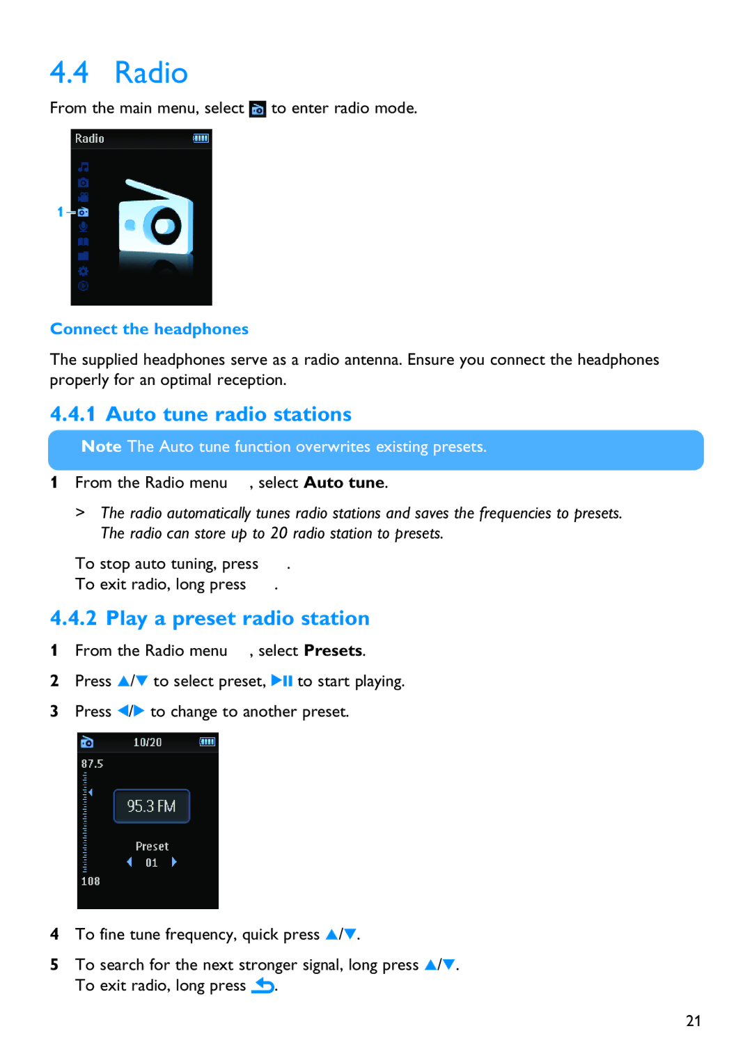 Philips SA3426, SA3414, SA3415, SA3424 Radio, Auto tune radio stations, Play a preset radio station, Connect the headphones 