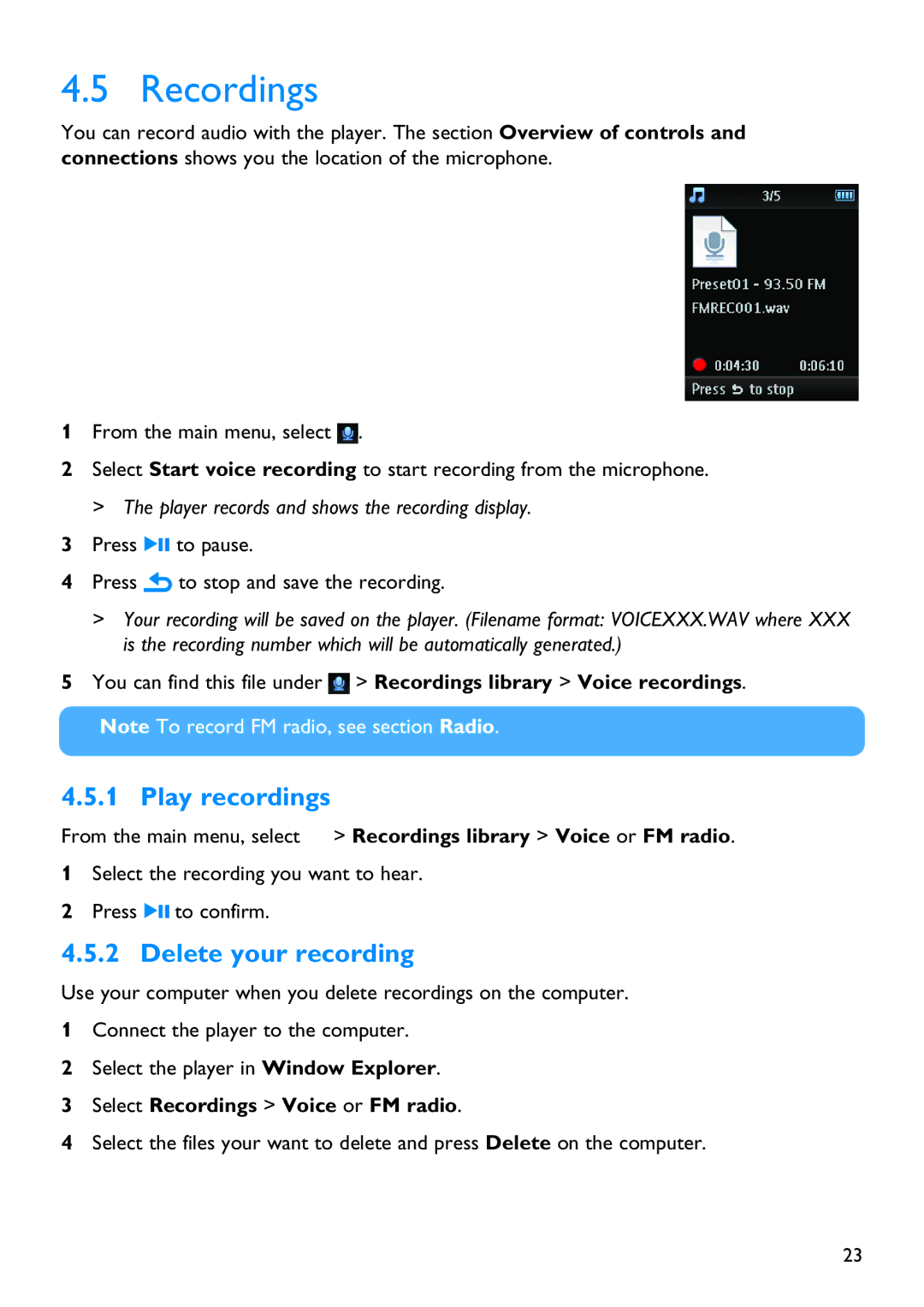 Philips SA3444, SA3414, SA3415, SA3424, SA3426, SA3416 manual Recordings, Play recordings, Delete your recording 