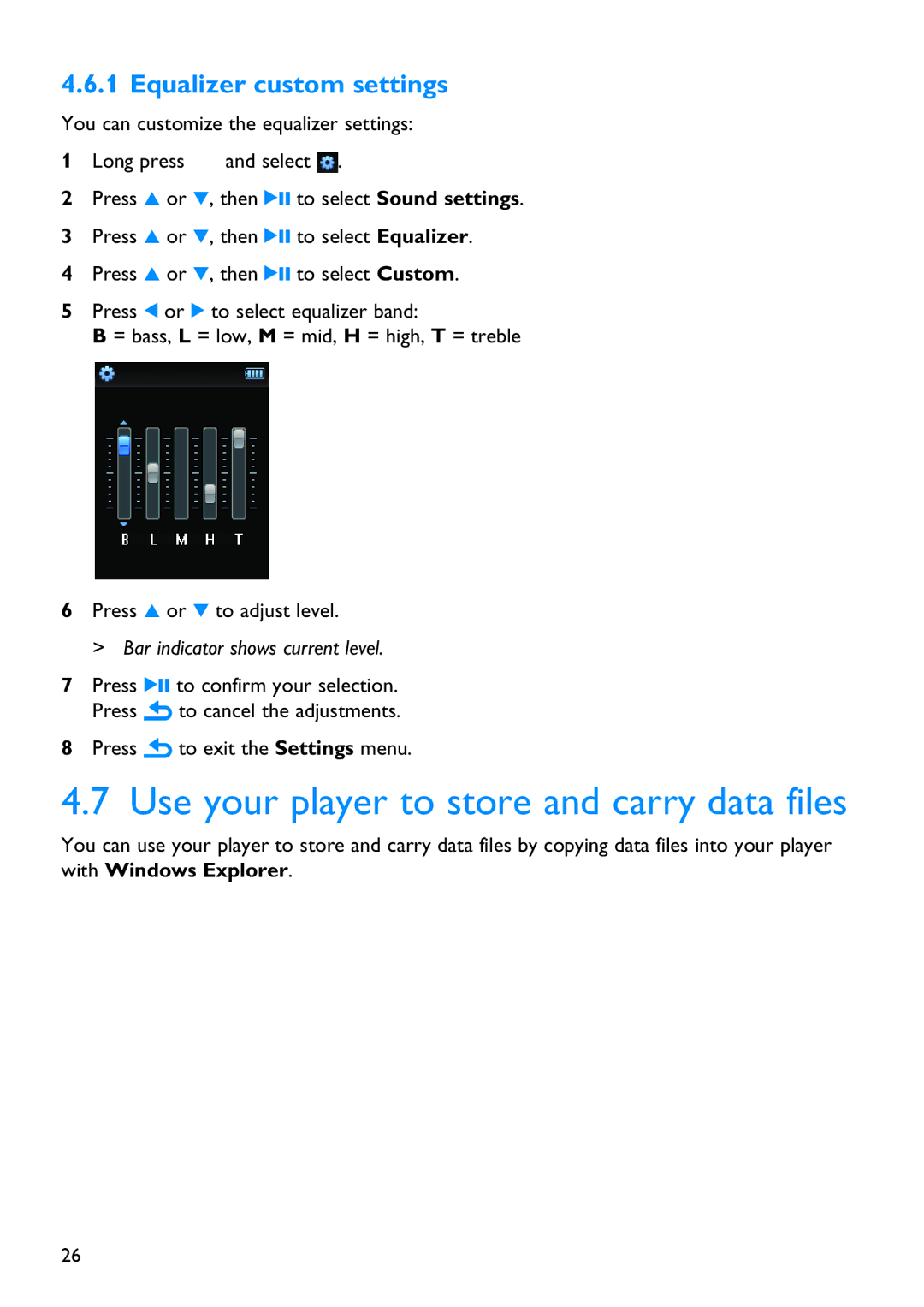 Philips SA3424, SA3414, SA3415, SA3426, SA3416 manual Use your player to store and carry data files, Equalizer custom settings 