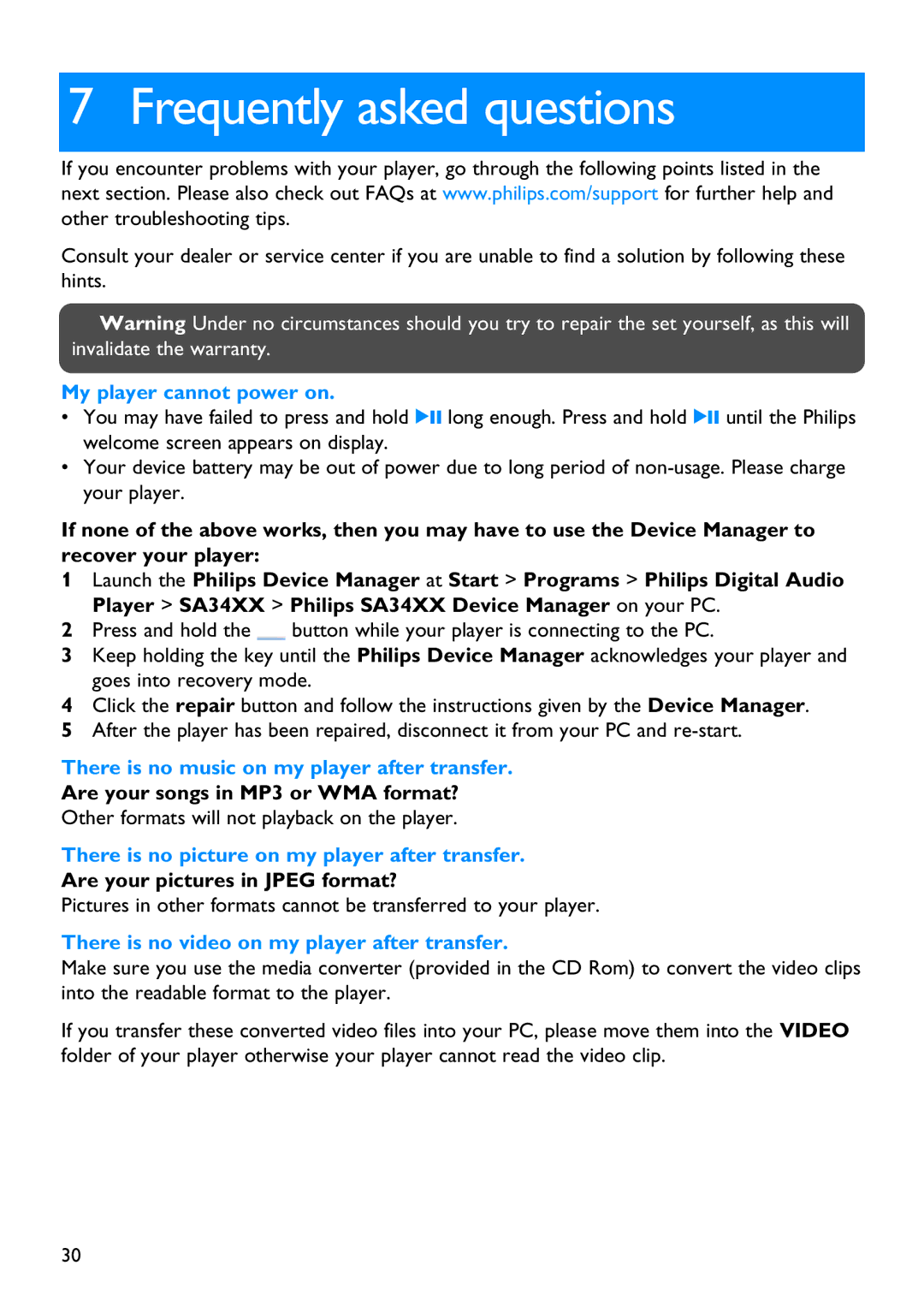 Philips SA3414 manual Frequently asked questions, My player cannot power on, There is no music on my player after transfer 