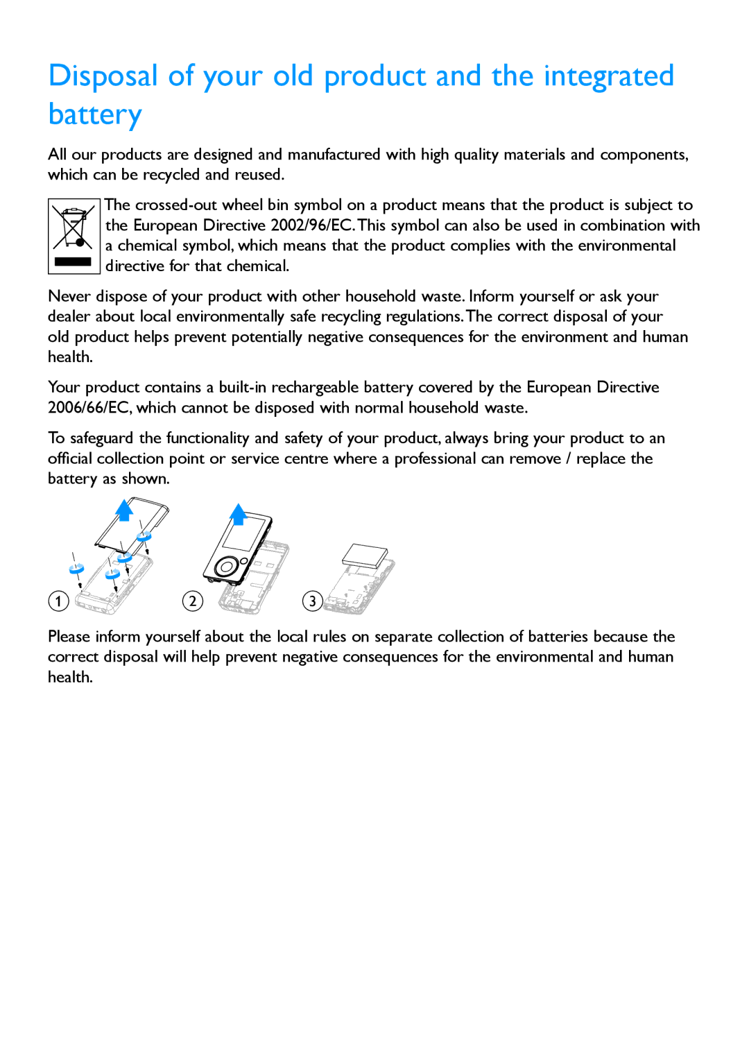 Philips SA3426, SA3414, SA3415, SA3424, SA3416, SA3444 manual Disposal of your old product and the integrated battery 