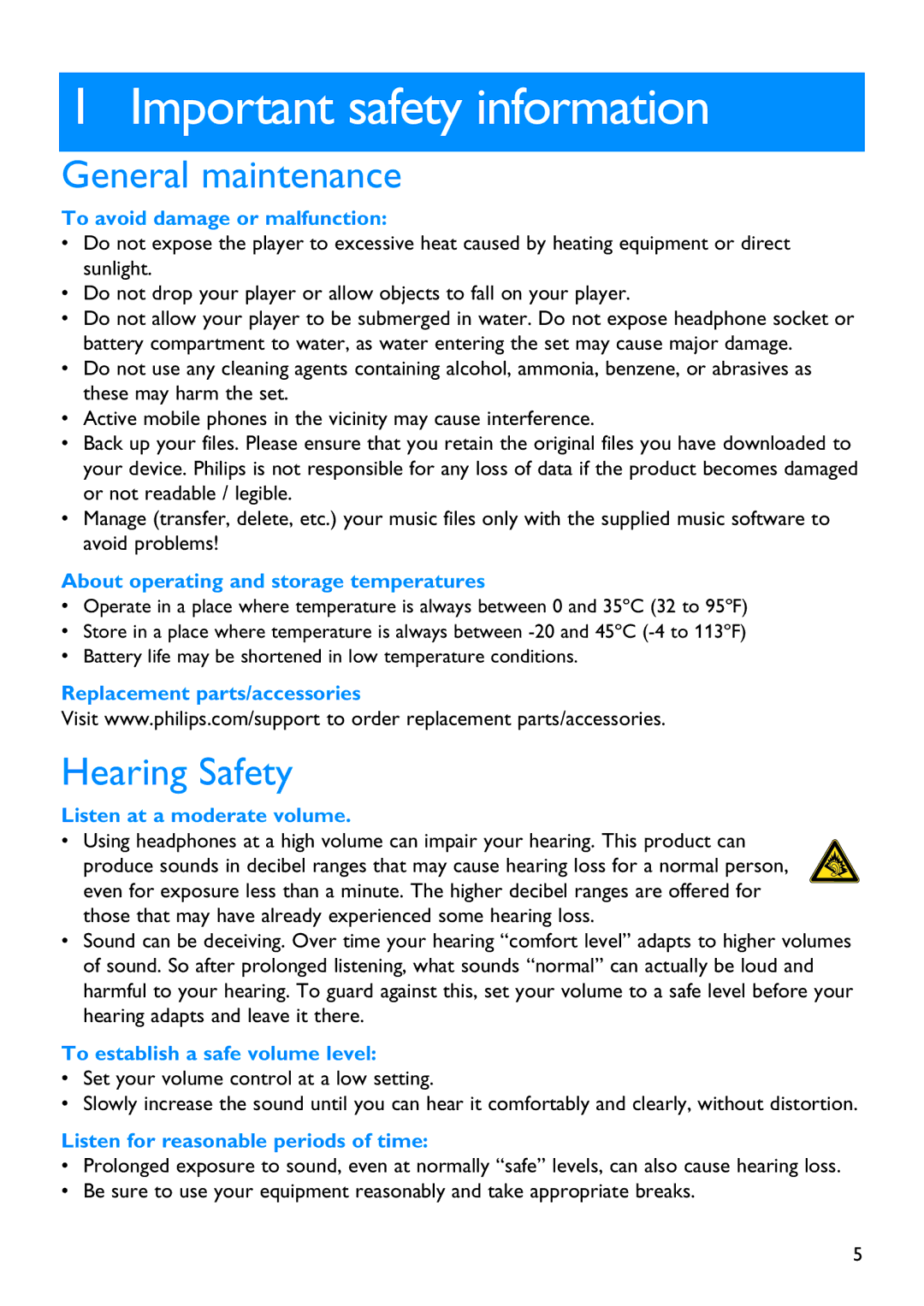 Philips SA3444, SA3414, SA3415, SA3424, SA3426, SA3416 manual Important safety information, General maintenance, Hearing Safety 