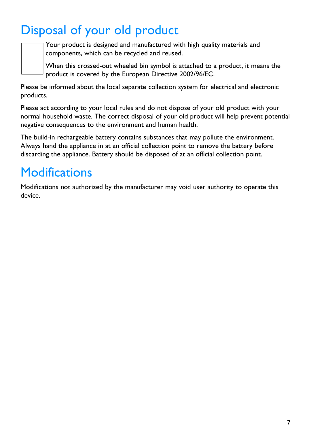 Philips SA3415, SA3414, SA3424, SA3426, SA3416, SA3444 manual Disposal of your old product, Modifications 