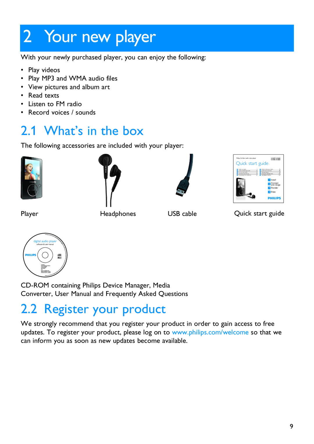 Philips SA3426, SA3414, SA3415, SA3424, SA3416, SA3444 manual Your new player, What’s in the box, Register your product 