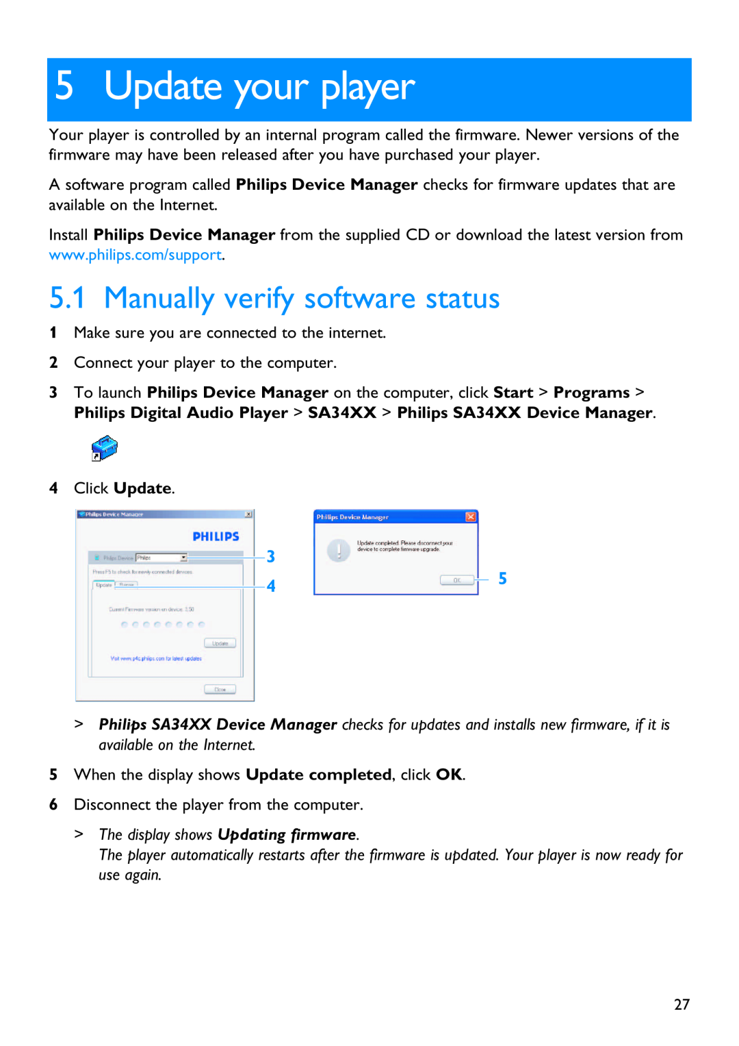 Philips SA3426, SA3414, SA3415 Update your player, Manually verify software status, The display shows Updating firmware 
