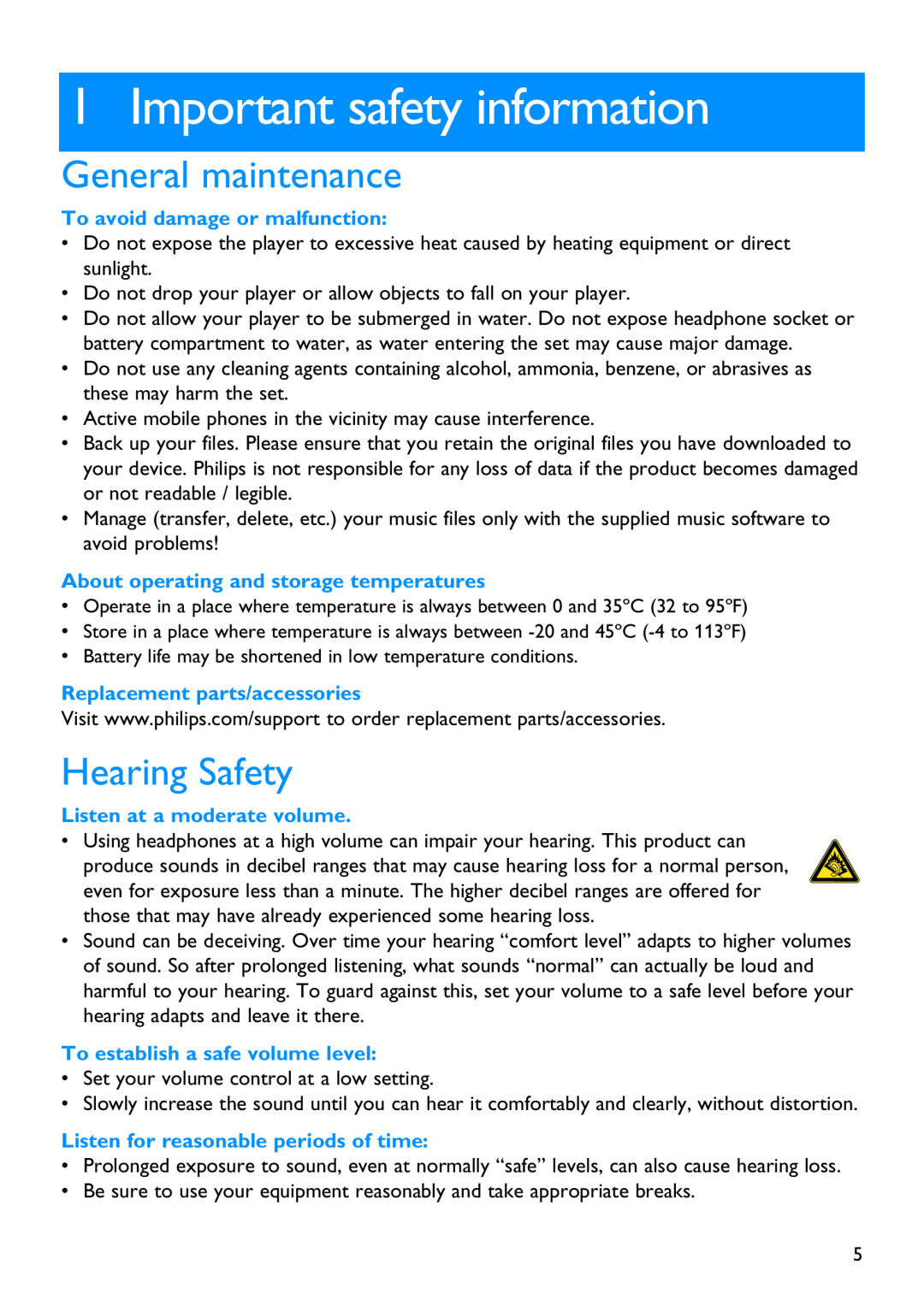 Philips SA3444, SA3414 Important safety information, General maintenance, Hearing Safety, To avoid damage or malfunction 