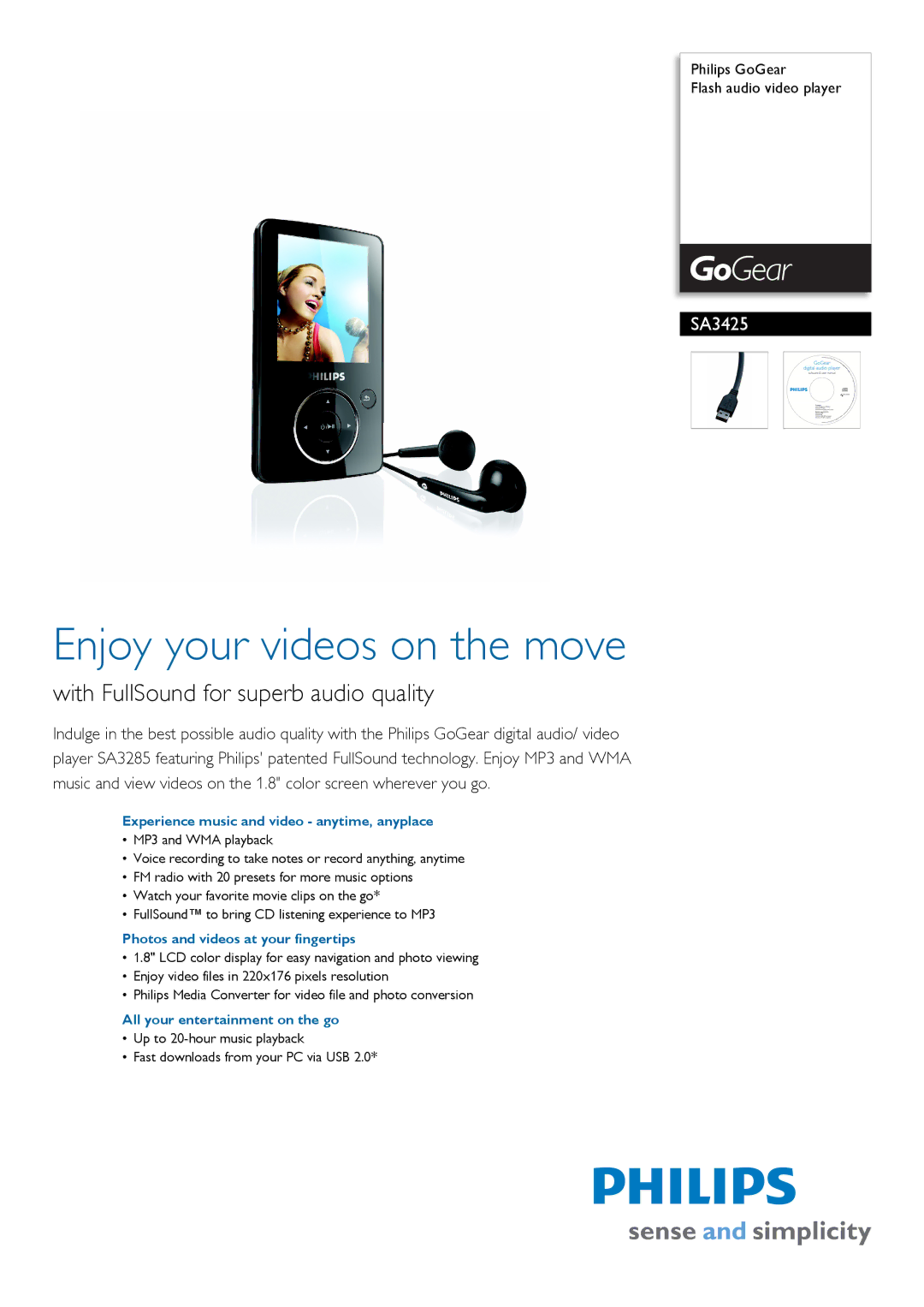 Philips SA3425/02 manual Experience music and video anytime, anyplace, Photos and videos at your fingertips 