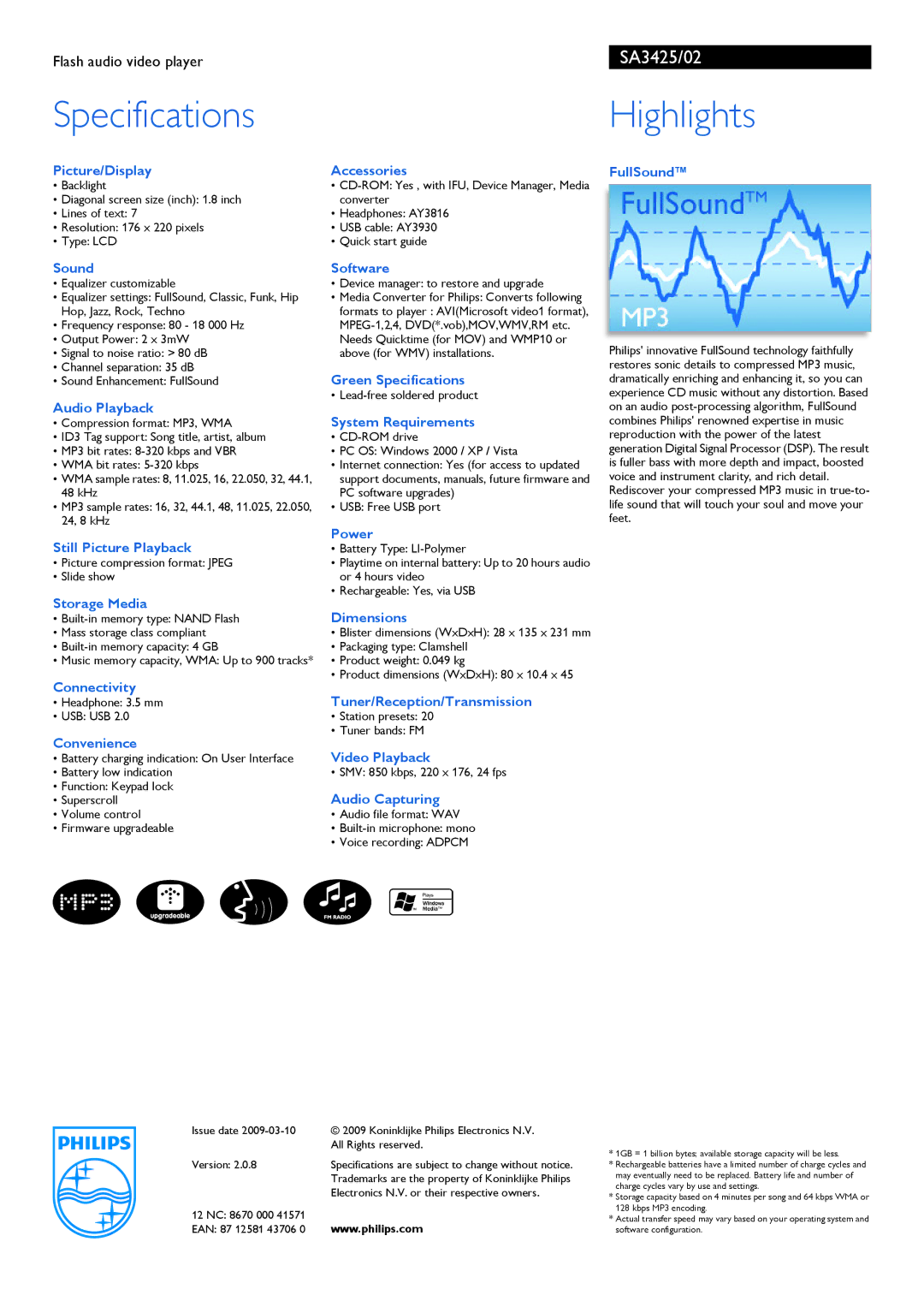 Philips SA3425/02 Picture/Display Accessories, FullSound, Audio Playback, Still Picture Playback, Storage Media, Software 