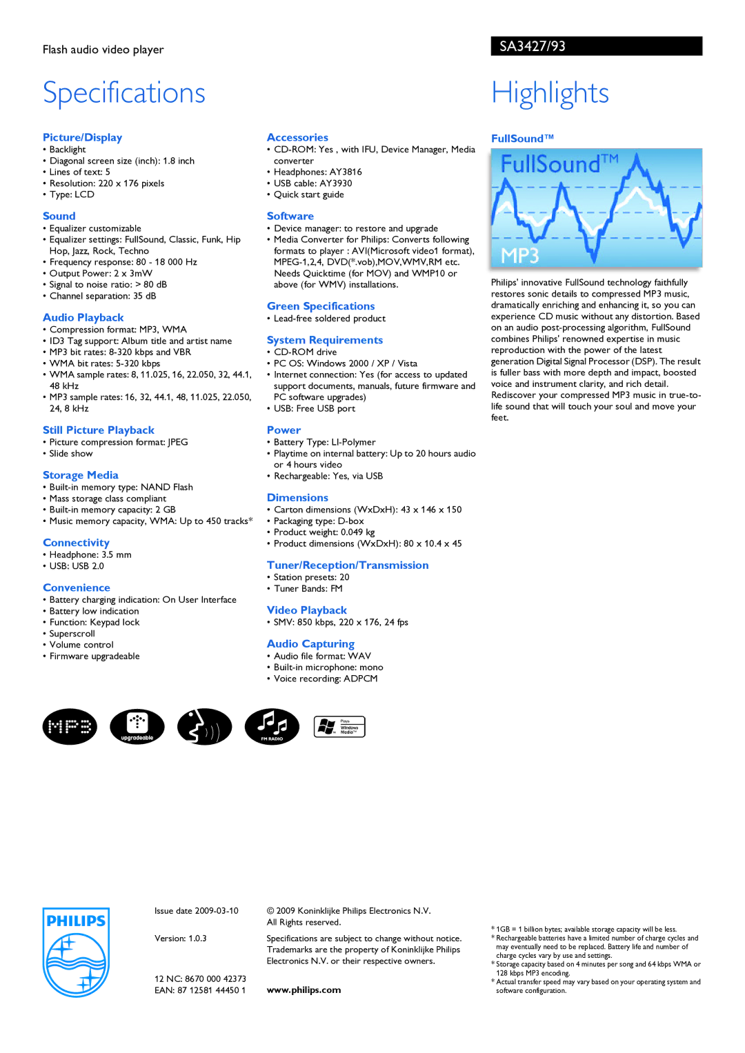 Philips SA3427 Picture/Display Accessories, FullSound, Audio Playback, Software, Green Specifications, System Requirements 
