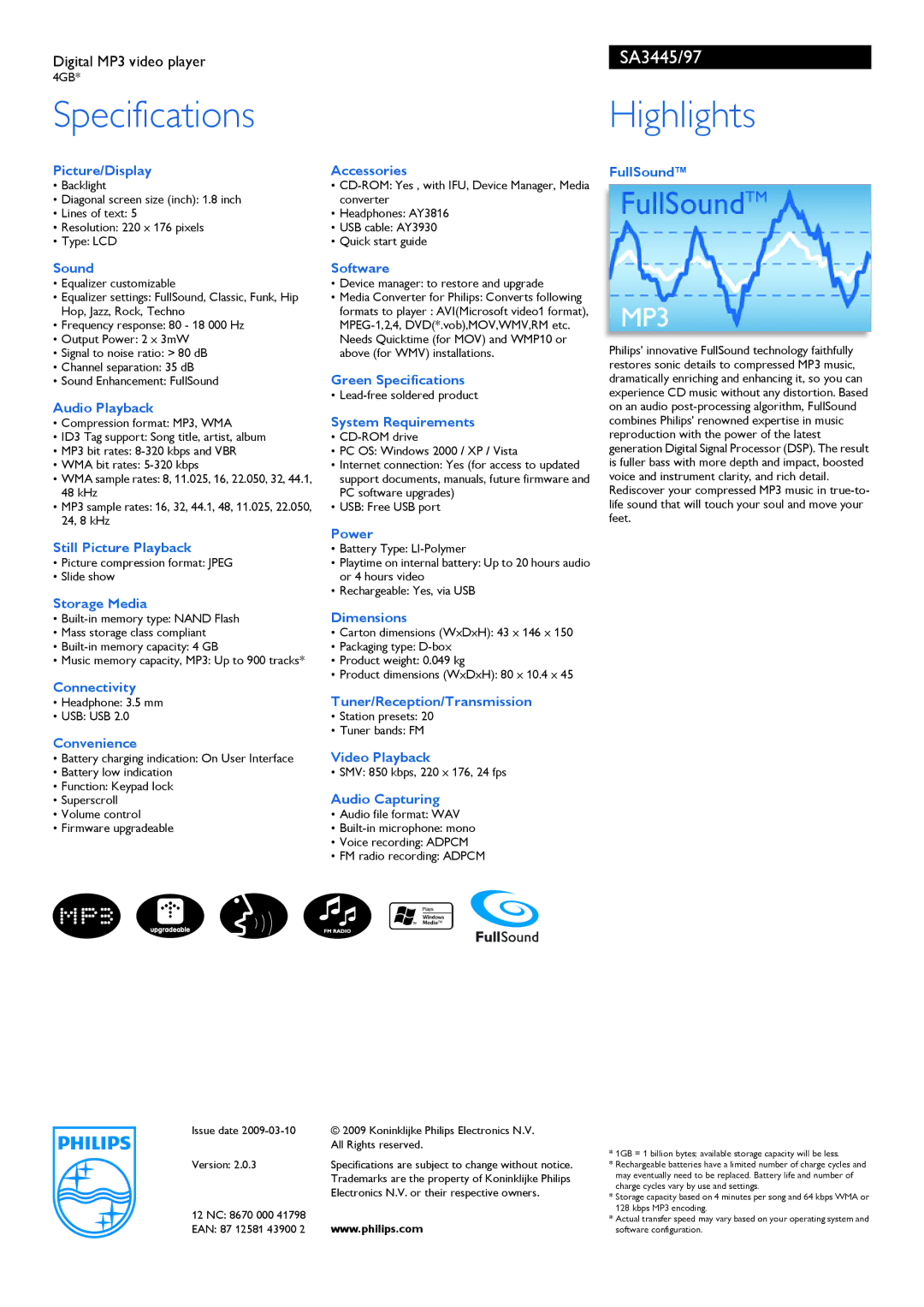 Philips SA3445/97 manual Specifications, Highlights 