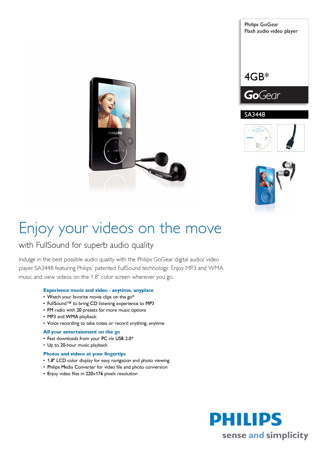 Philips SA3448/97 manual Experience music and video anytime, anyplace, All your entertainment on the go 