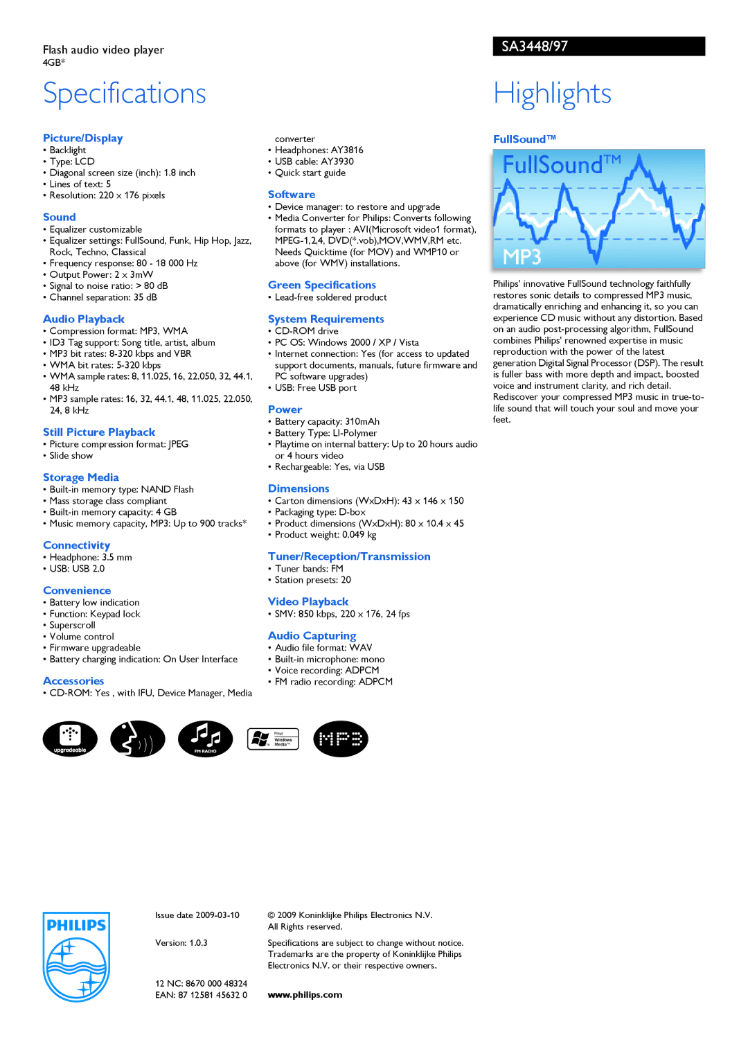 Philips SA3448/97 manual Specifications, Highlights 