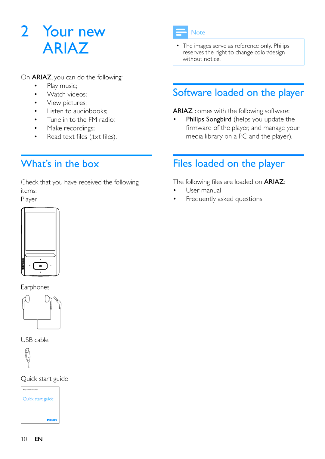 Philips SA3ARA16, SA3ARA04, SA3ARA32 Your new, What’s in the box, Software loaded on the player, Files loaded on the player 