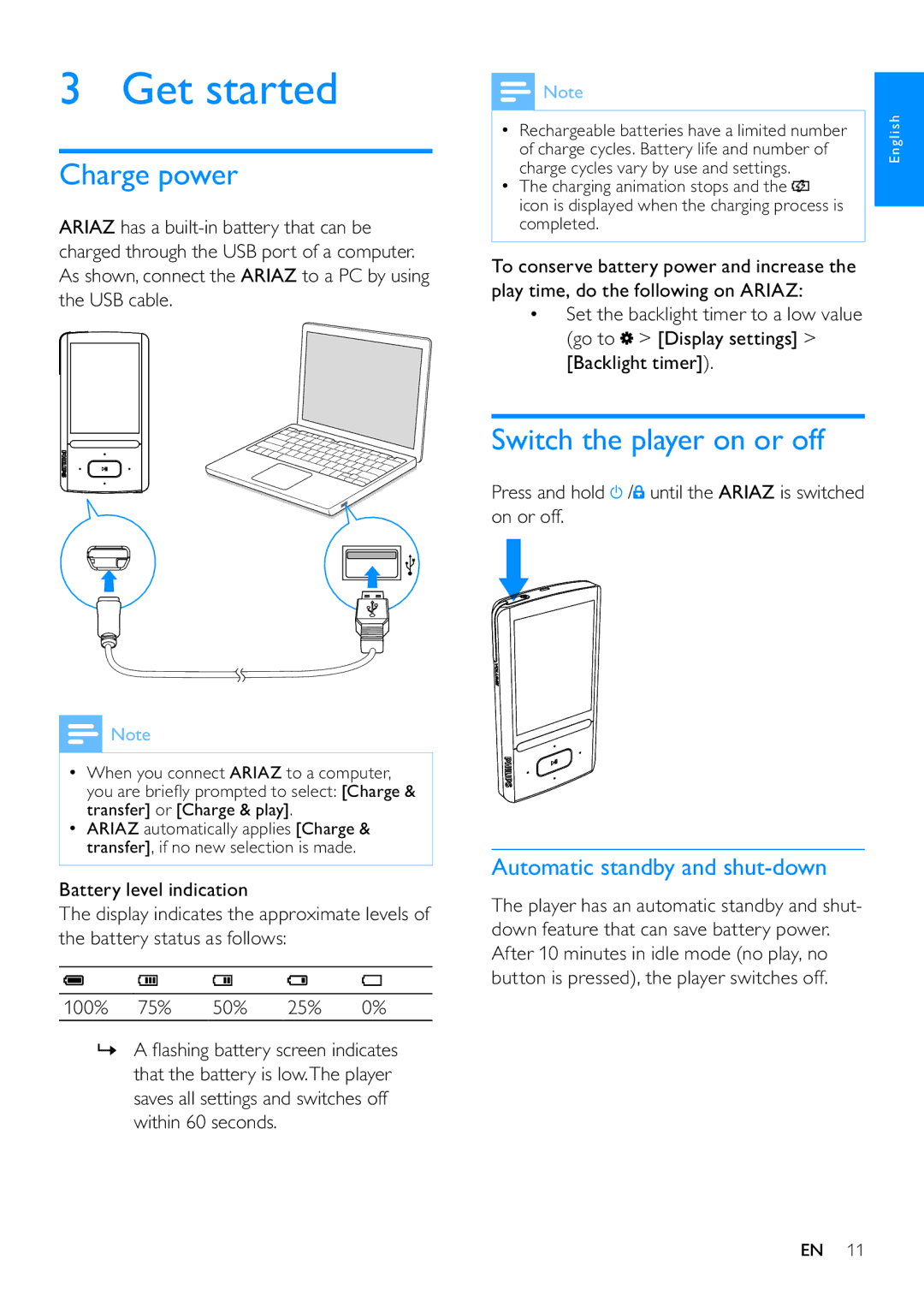 Philips SA3ARA08, SA3ARA04 Get started, Charge power, Switch the player on or off, Automatic standby and shut-down 