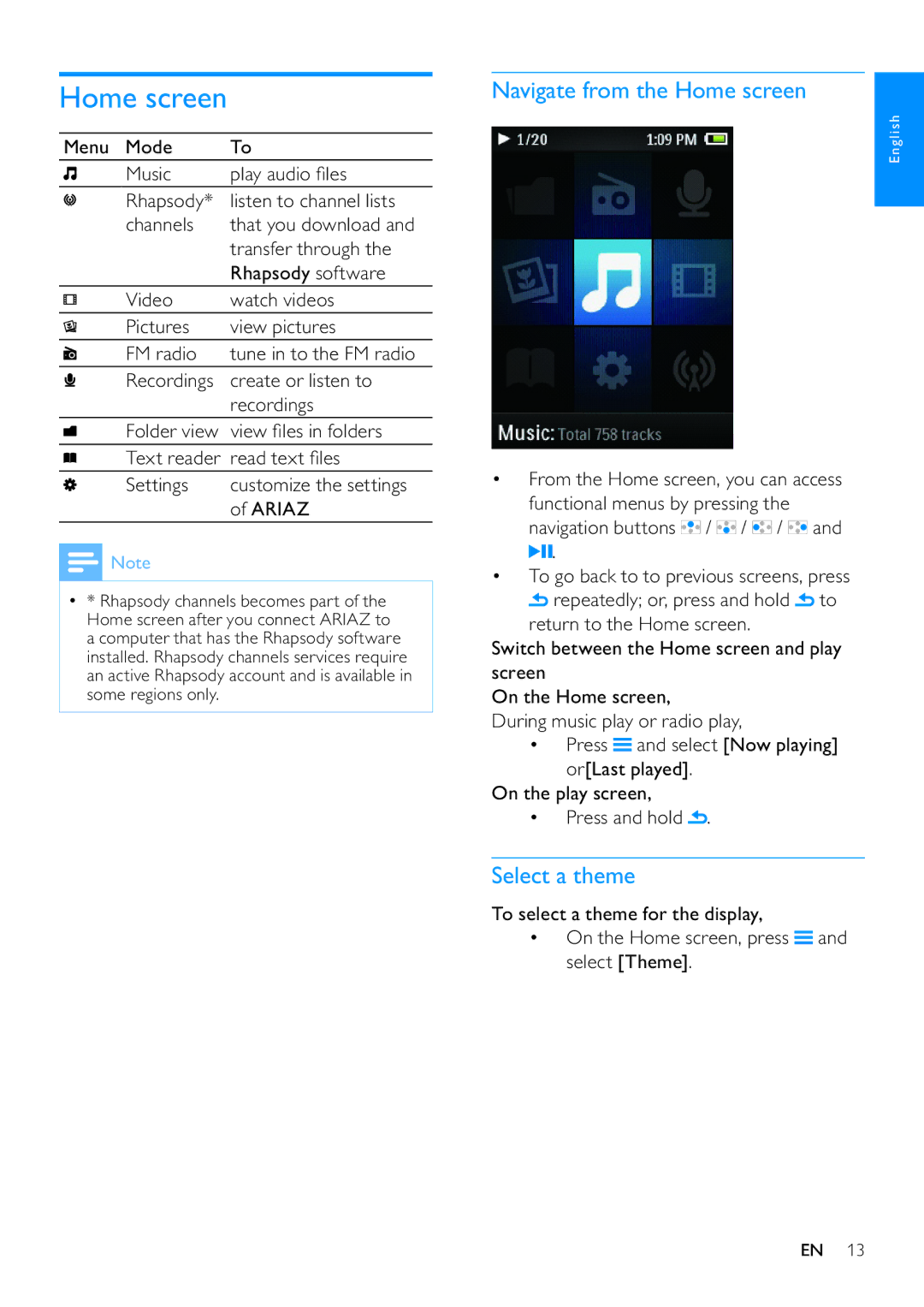 Philips SA3ARA32, SA3ARA04, SA3ARA16, SA3ARA08 user manual Navigate from the Home screen, Select a theme 