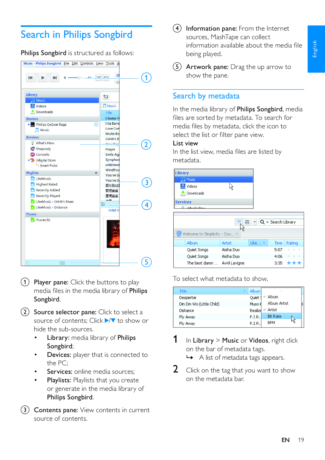 Philips SA3ARA08, SA3ARA04, SA3ARA32, SA3ARA16 user manual Search in Philips Songbird, Search by metadata 