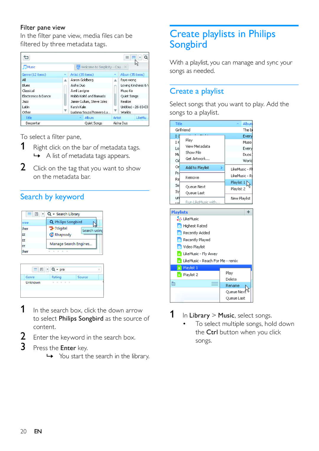 Philips SA3ARA04, SA3ARA32 Create playlists in Philips Songbird, Search by keyword, Create a playlist, Filter pane view 