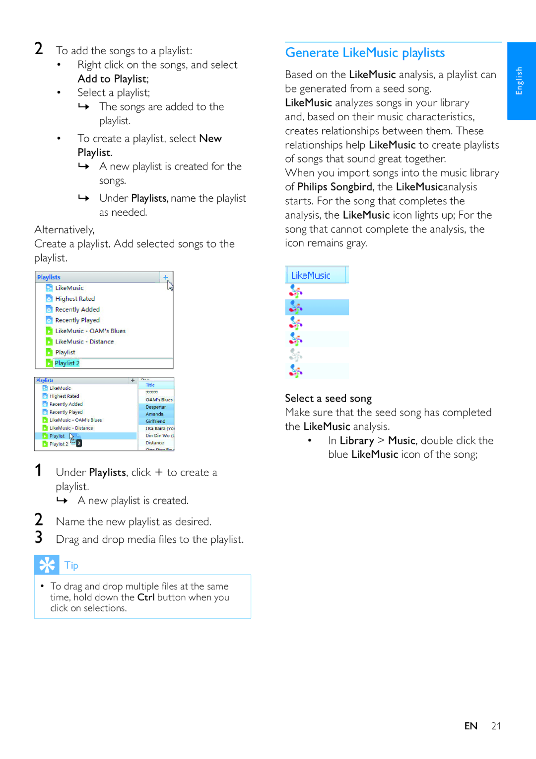 Philips SA3ARA32, SA3ARA04, SA3ARA16, SA3ARA08 user manual Generate LikeMusic playlists 