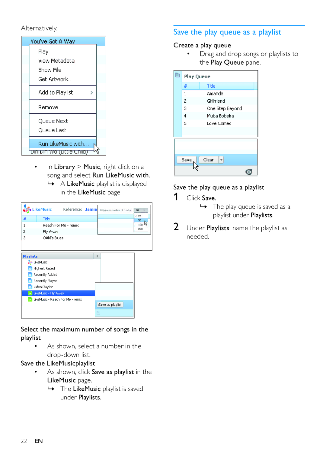 Philips SA3ARA16, SA3ARA04, SA3ARA32, SA3ARA08 Create a play queue, Save the play queue as a playlist Click Save 