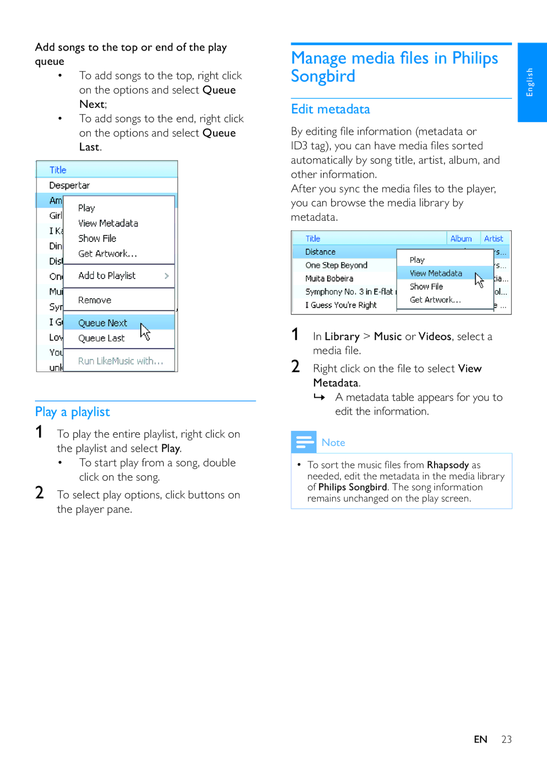 Philips SA3ARA08, SA3ARA04, SA3ARA32, SA3ARA16 Manage media ﬁles in Philips Songbird, Play a playlist, Edit metadata 